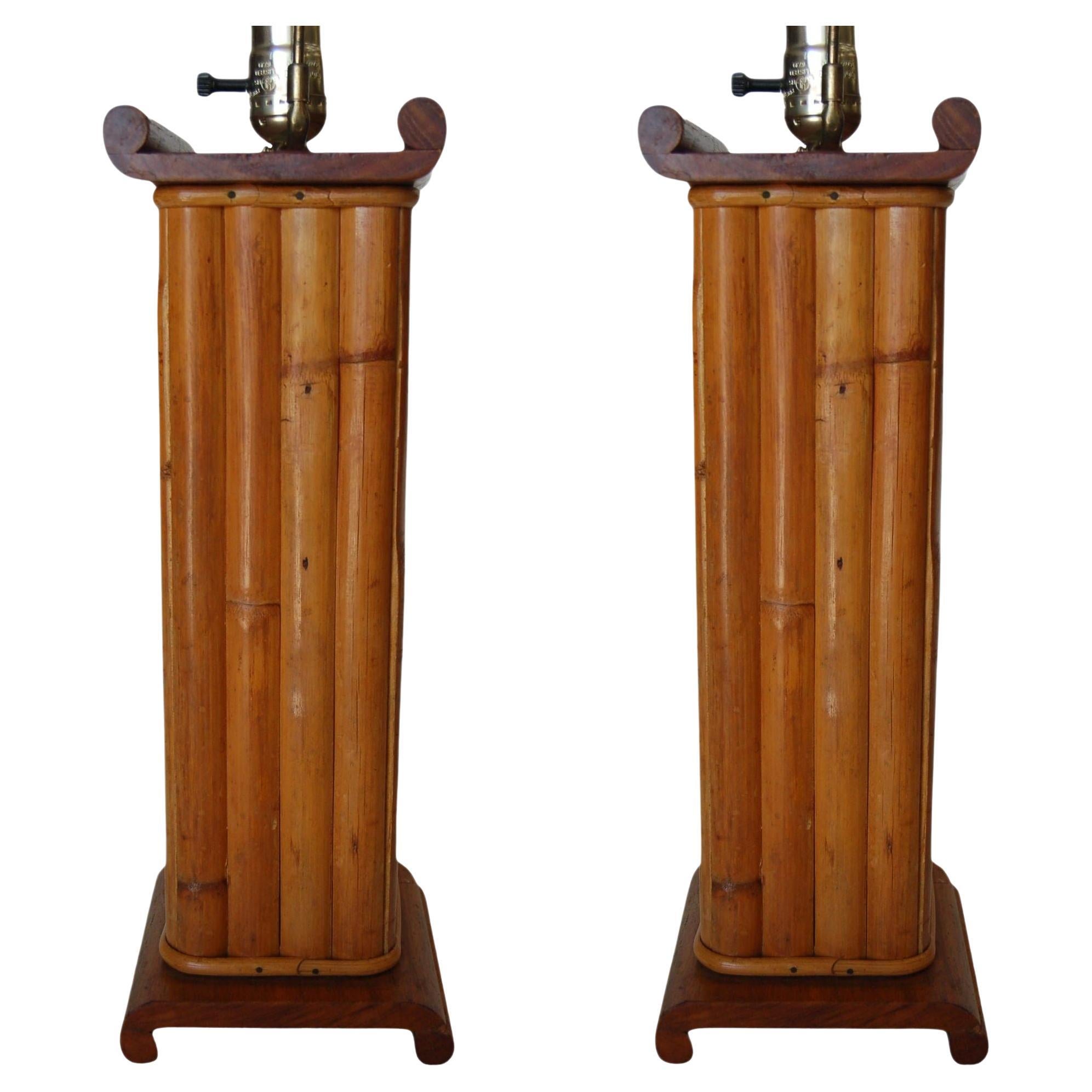 Pair of Restored Demi Inspired Rattan and Mahogany Table Lamps, Pair