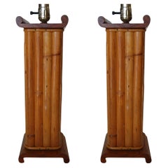 Pair of Restored Demi Inspired Rattan and Mahogany Table Lamps, Pair