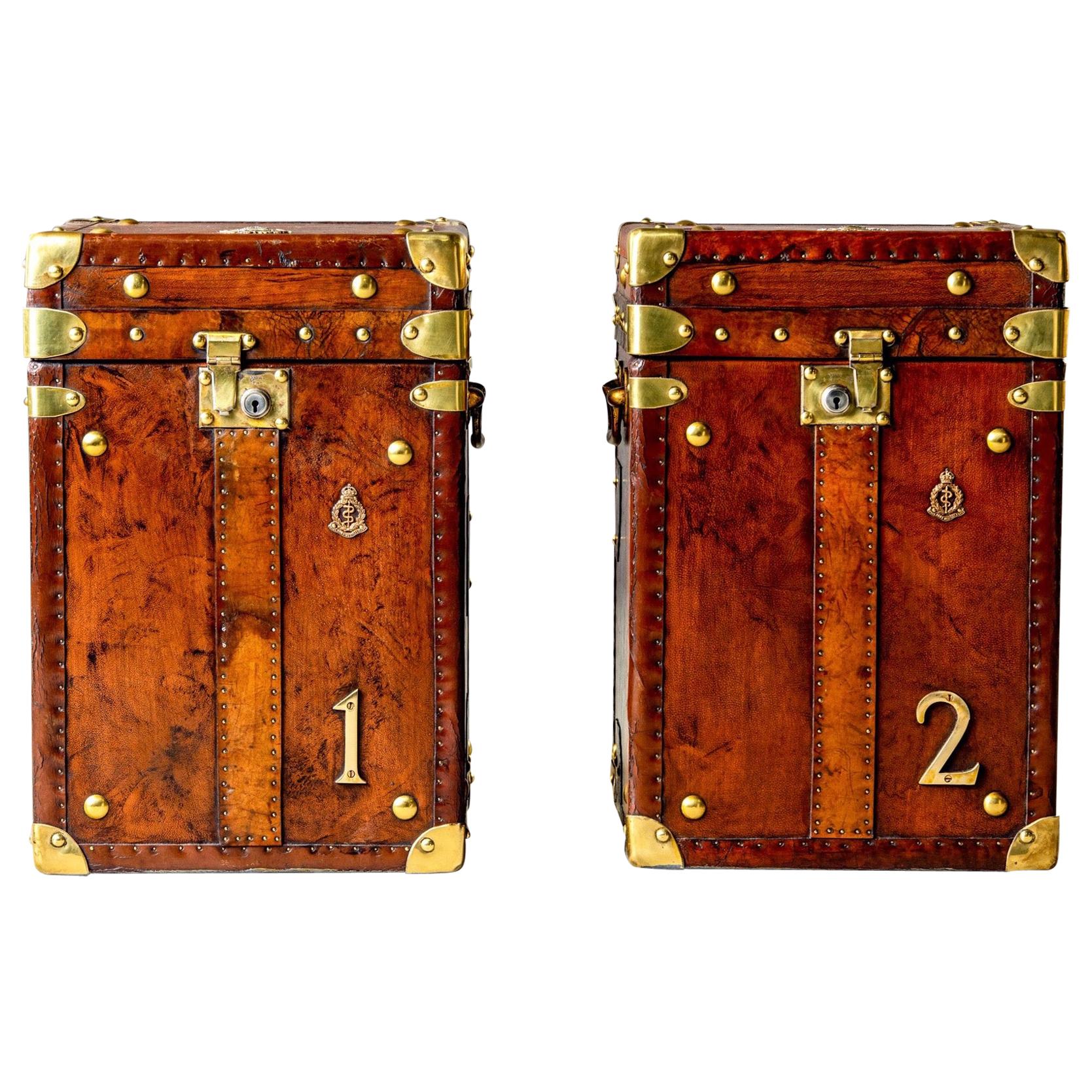 Pair of Restored English Leather Trunks with Regimental Cartouche