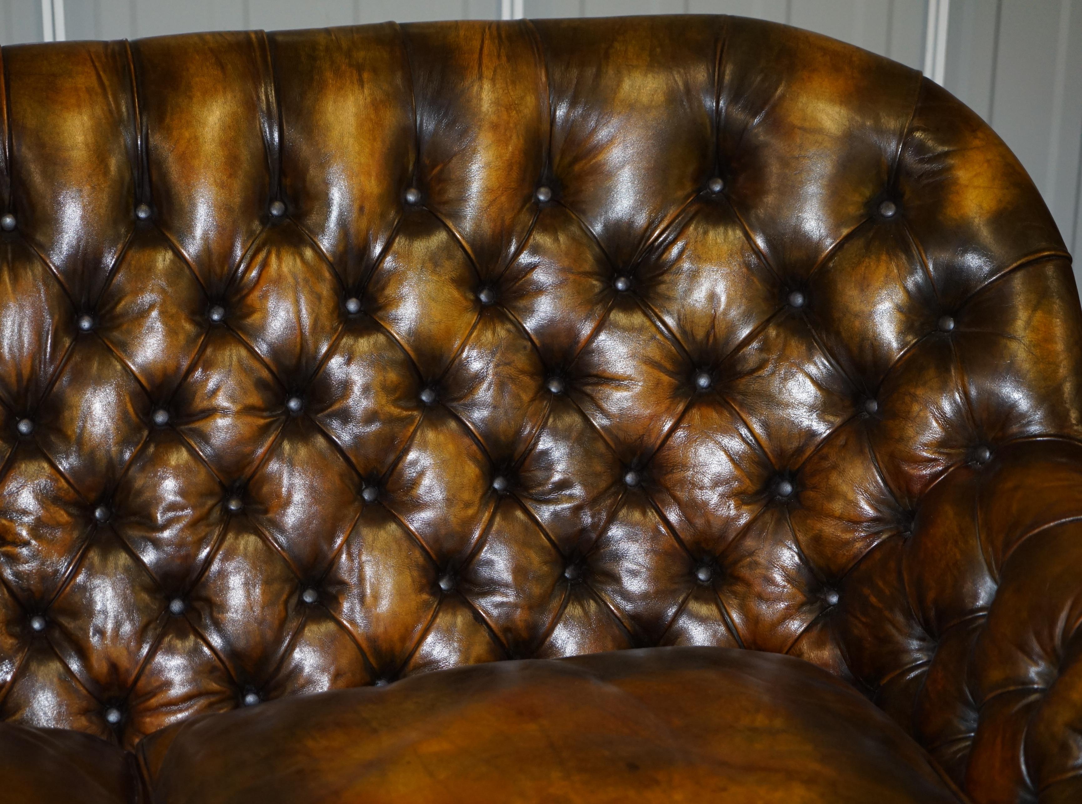 Pair of Restored Feather Filled Cushion Whisky Brown Leather Chesterfield Sofas 4
