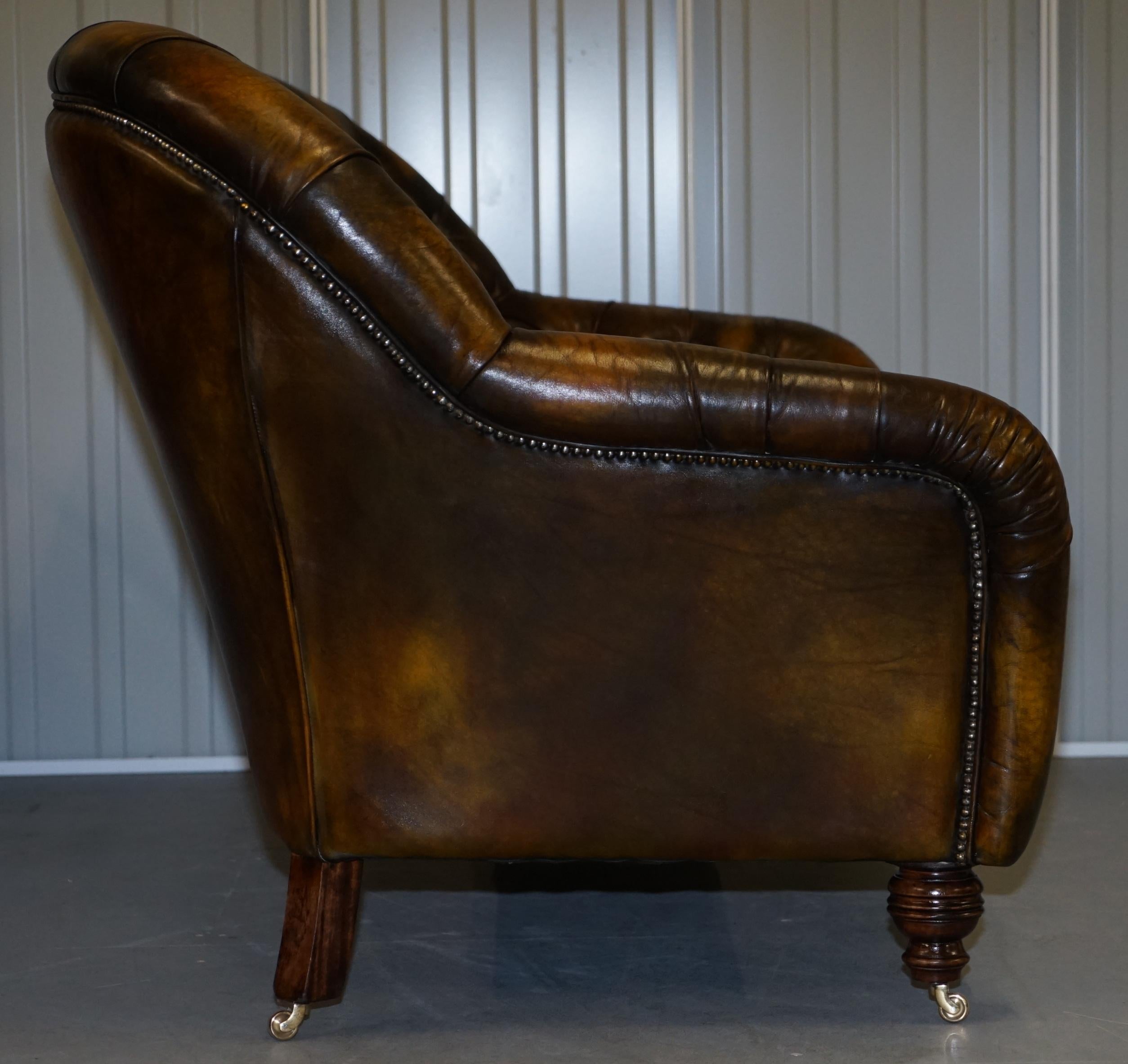 Pair of Restored Feather Filled Cushion Whisky Brown Leather Chesterfield Sofas 5