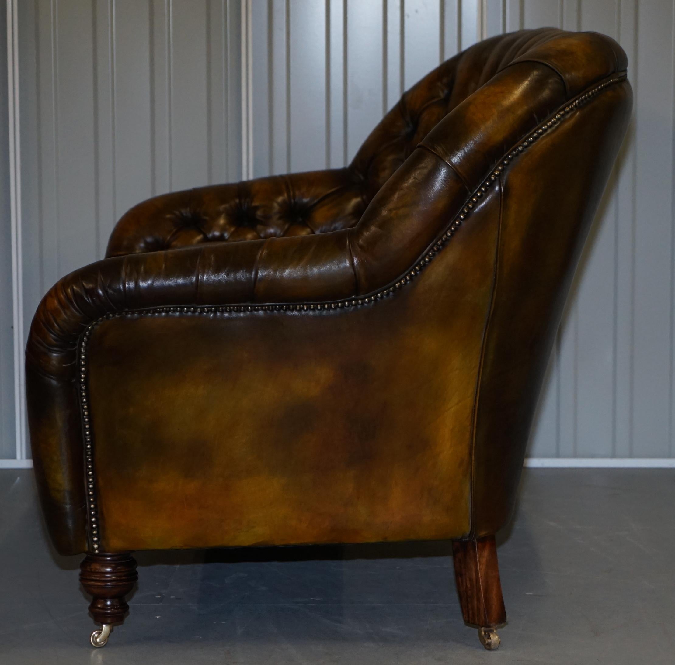 Pair of Restored Feather Filled Cushion Whisky Brown Leather Chesterfield Sofas 7