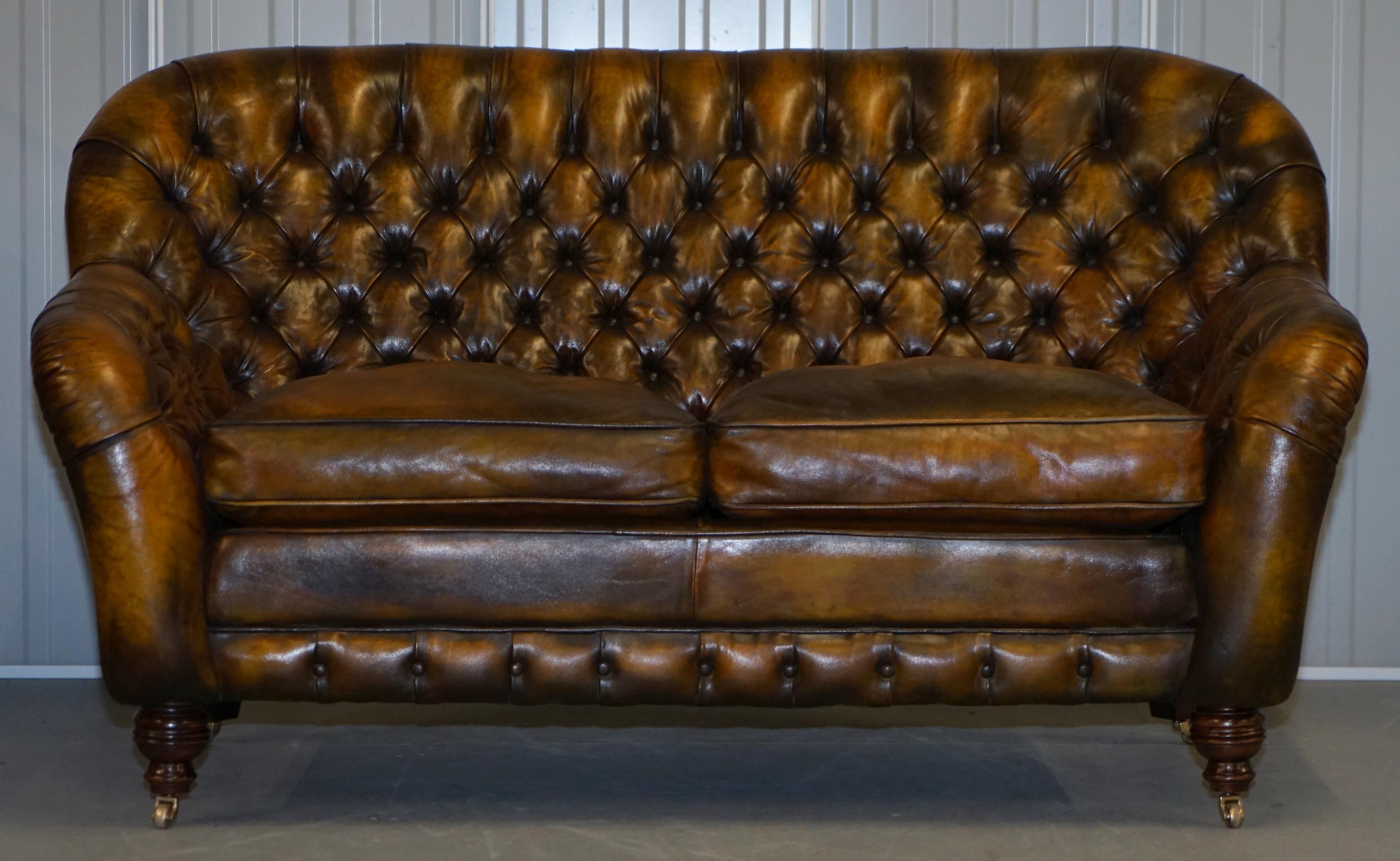 Victorian Pair of Restored Feather Filled Cushion Whisky Brown Leather Chesterfield Sofas