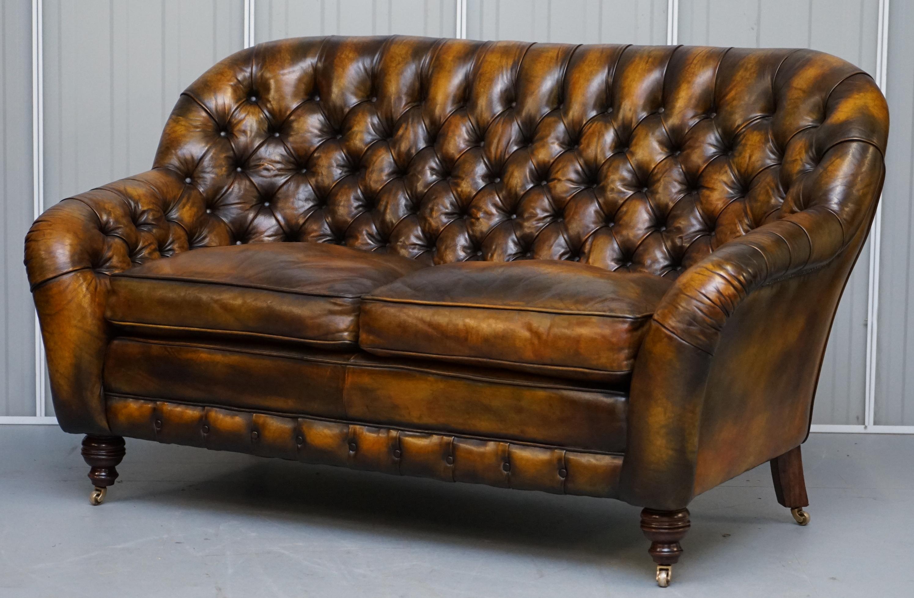 English Pair of Restored Feather Filled Cushion Whisky Brown Leather Chesterfield Sofas
