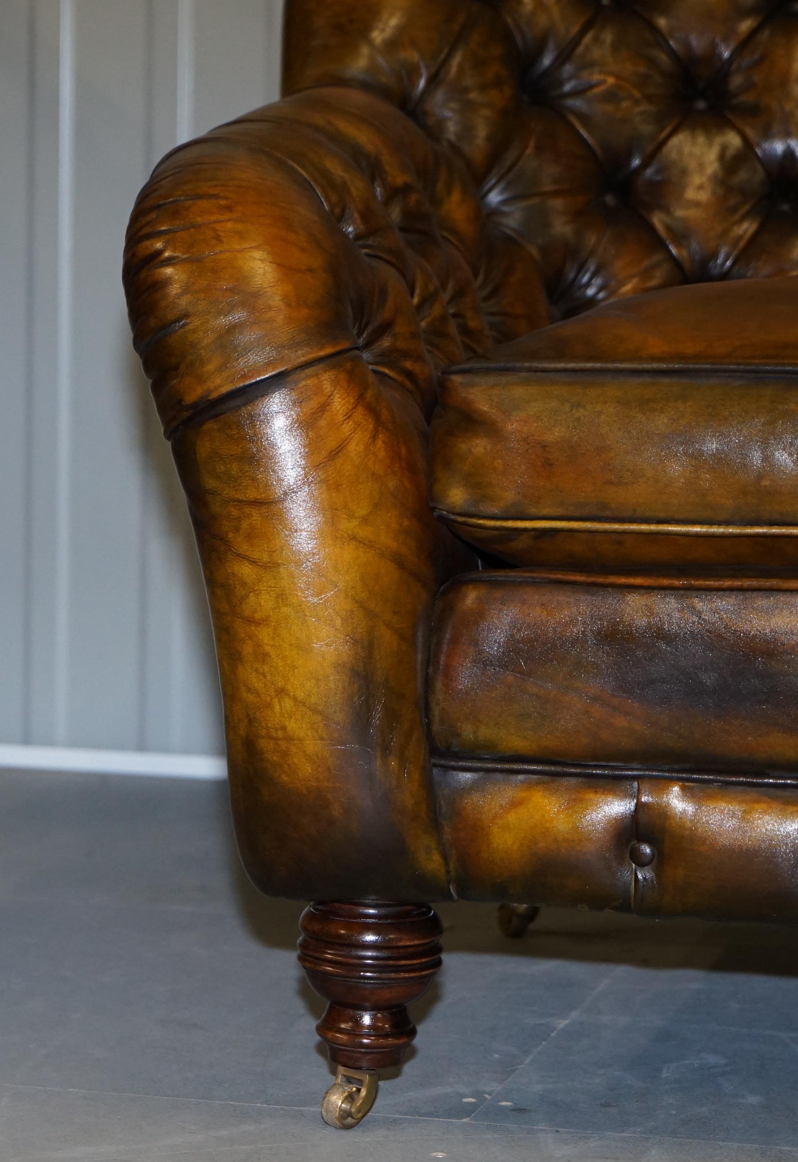 Hand-Crafted Pair of Restored Feather Filled Cushion Whisky Brown Leather Chesterfield Sofas