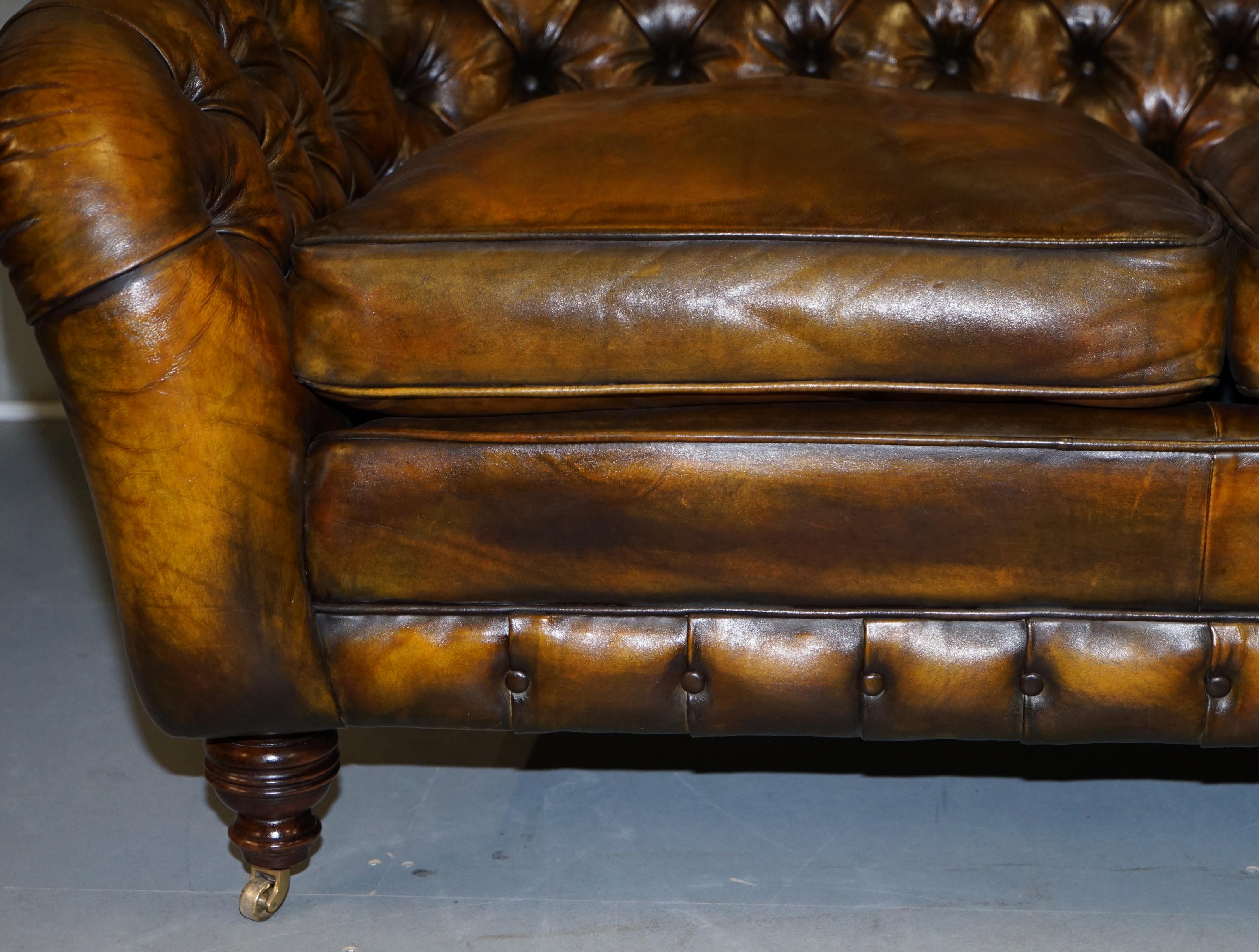 Pair of Restored Feather Filled Cushion Whisky Brown Leather Chesterfield Sofas 1