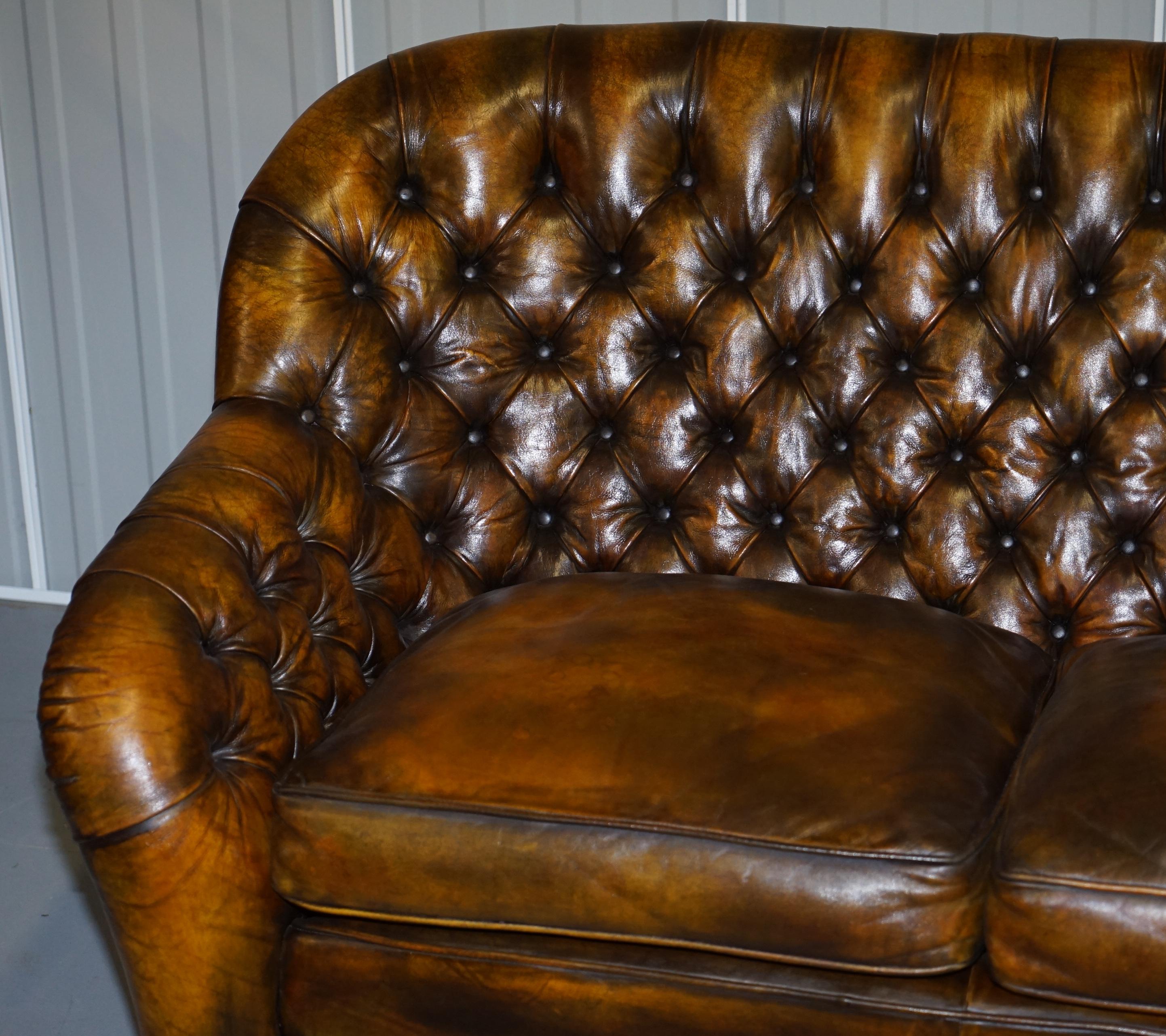 Pair of Restored Feather Filled Cushion Whisky Brown Leather Chesterfield Sofas 2