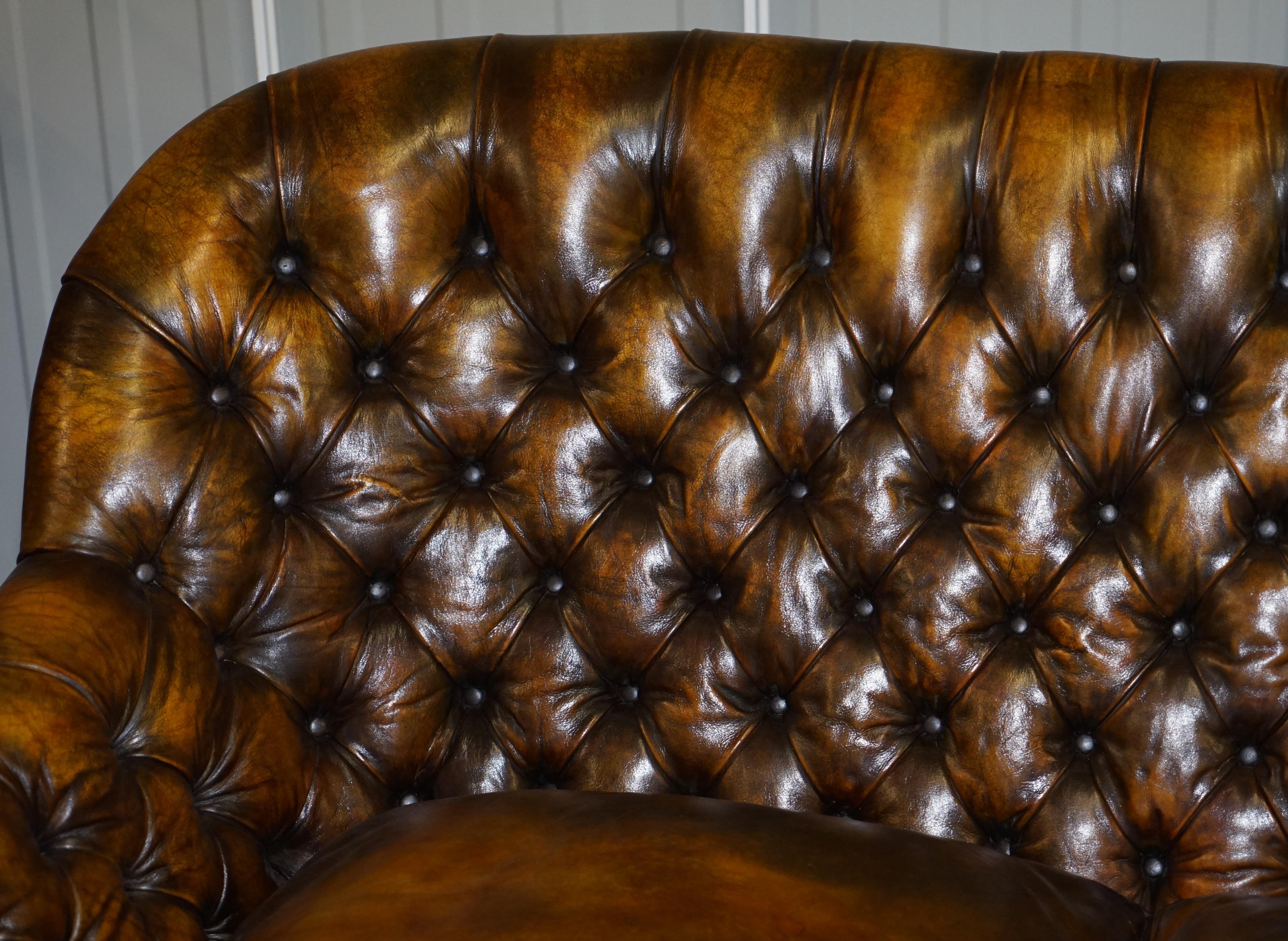 Pair of Restored Feather Filled Cushion Whisky Brown Leather Chesterfield Sofas 3