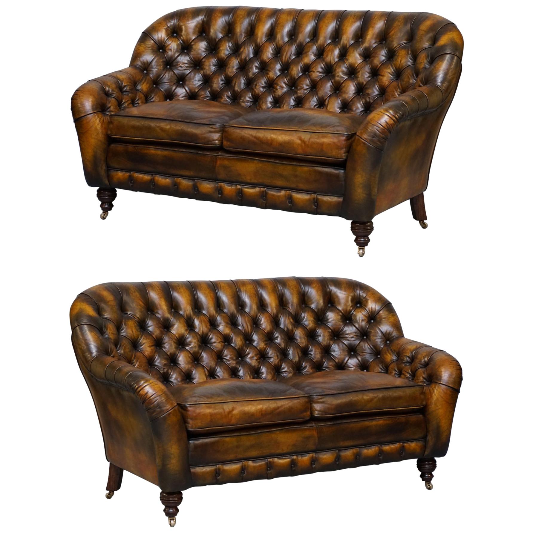 Pair of Restored Feather Filled Cushion Whisky Brown Leather Chesterfield Sofas