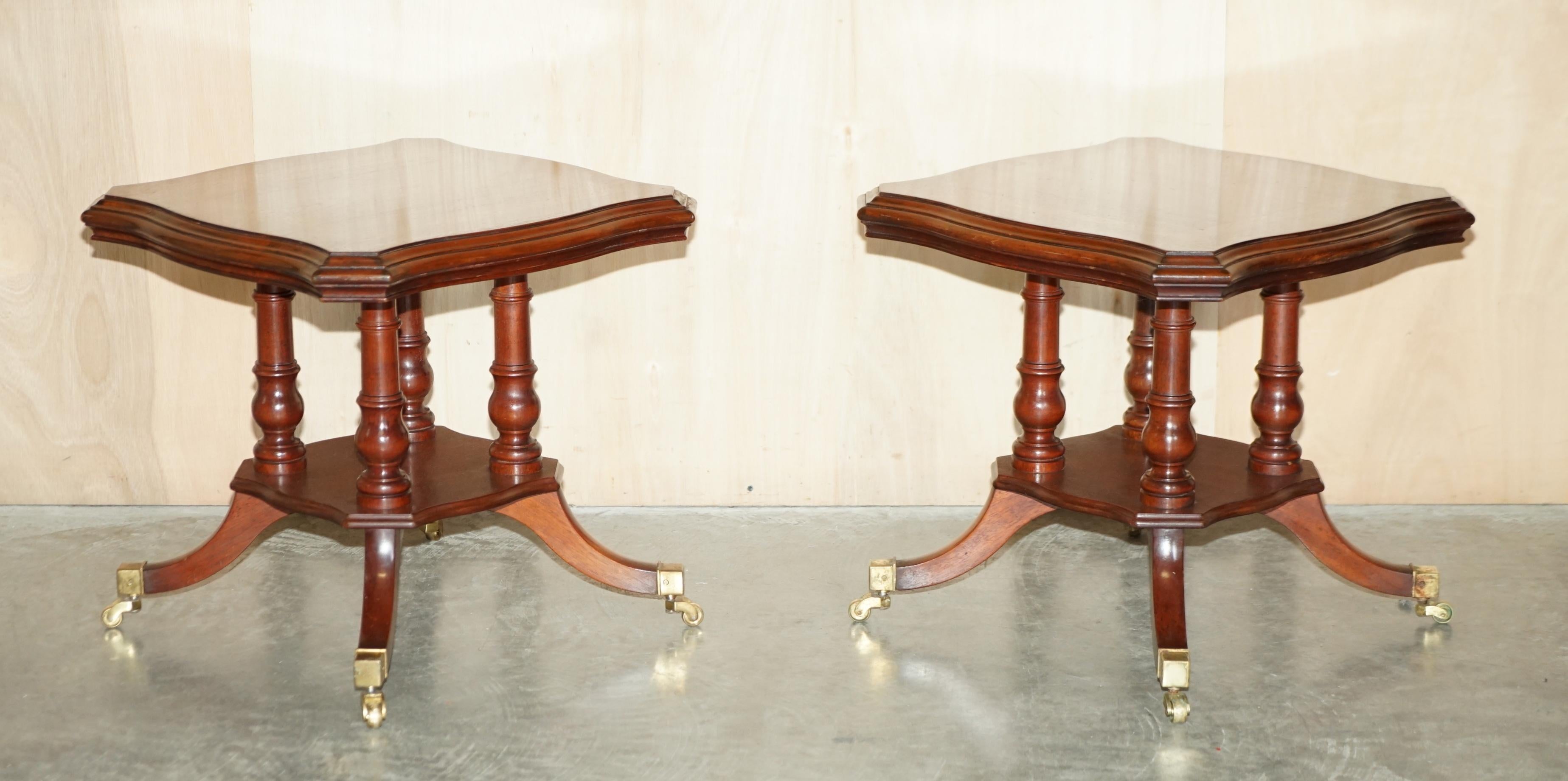 We are delighted to offer for sale this lovely unique pair of fully restored side end lamp wine tables with solid English brass castors.
A good looking well made and desirable pair of tables, they have a quatrefoil formed base which is made up of