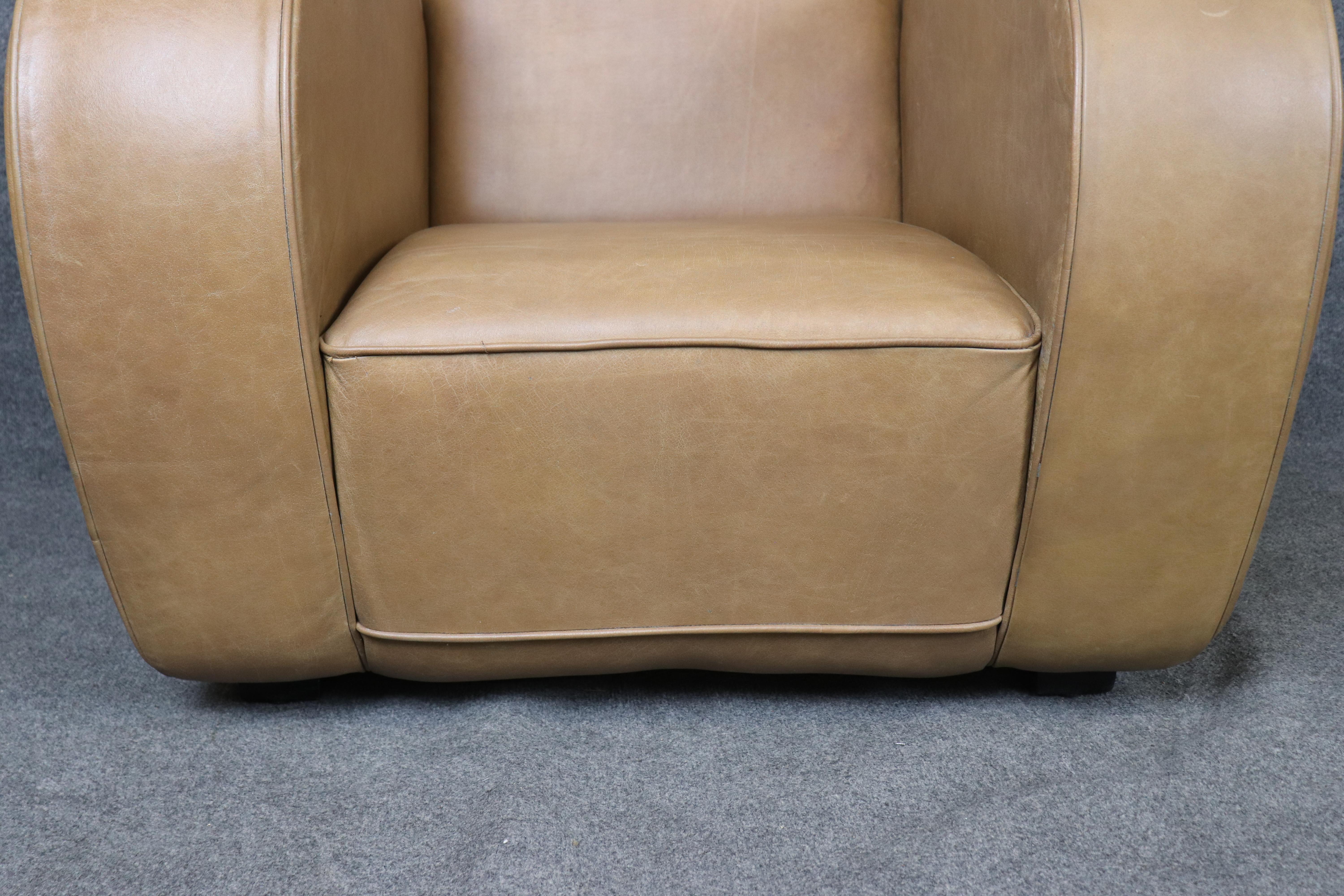 Pair of Restored French Art Deco Speed Club Chairs in Distressed Tan Leather For Sale 7