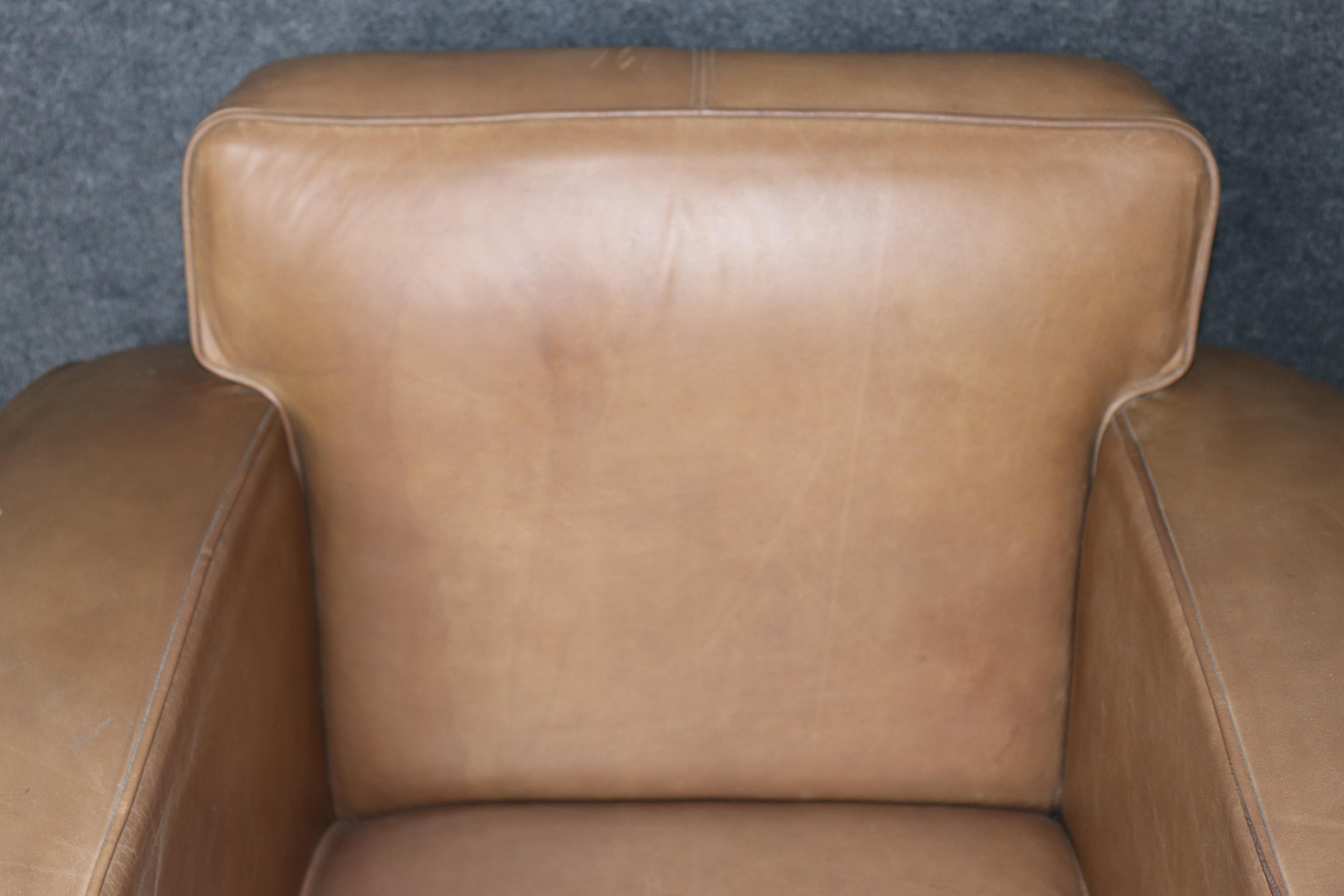 Pair of Restored French Art Deco Speed Club Chairs in Distressed Tan Leather For Sale 9