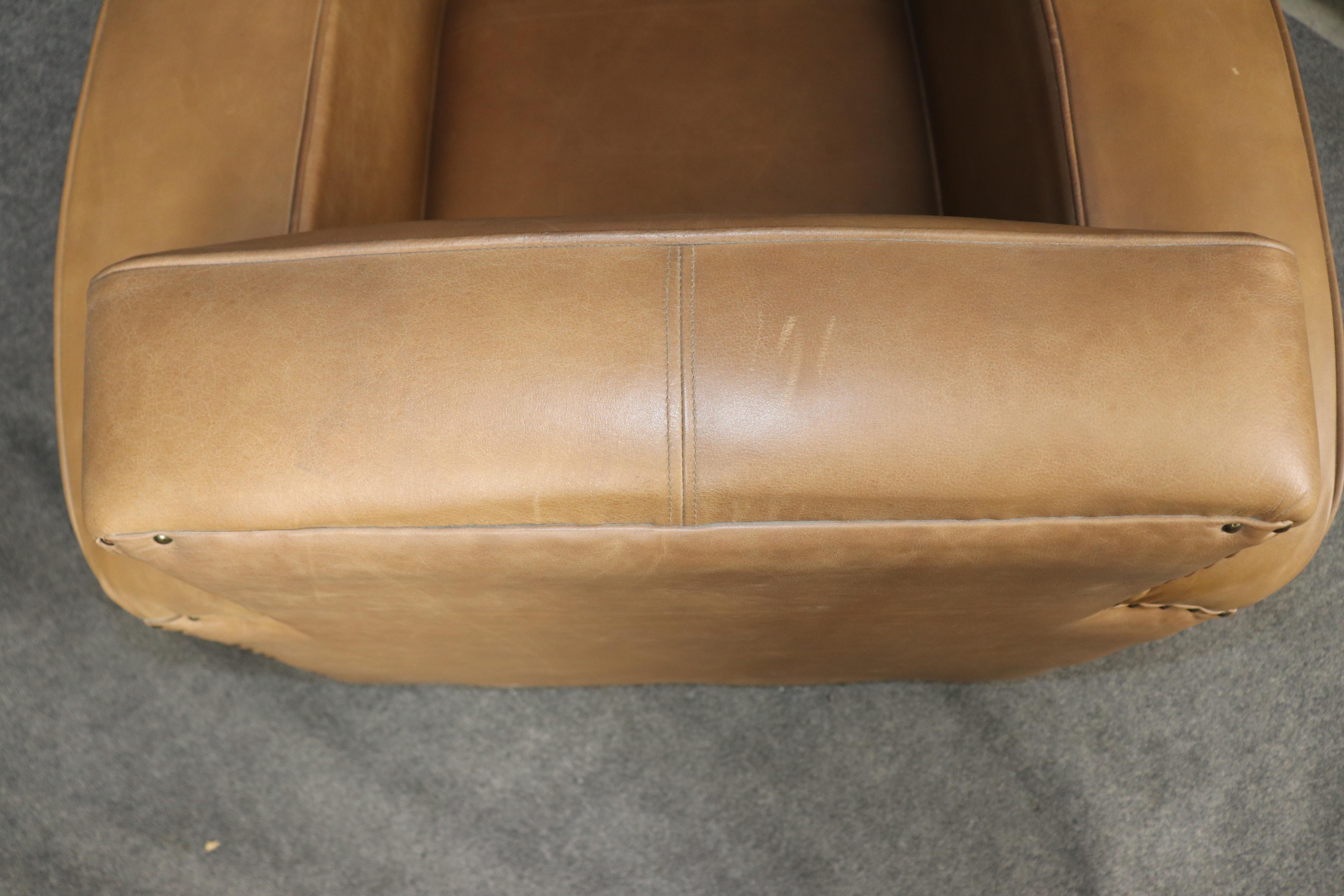Pair of Restored French Art Deco Speed Club Chairs in Distressed Tan Leather For Sale 12