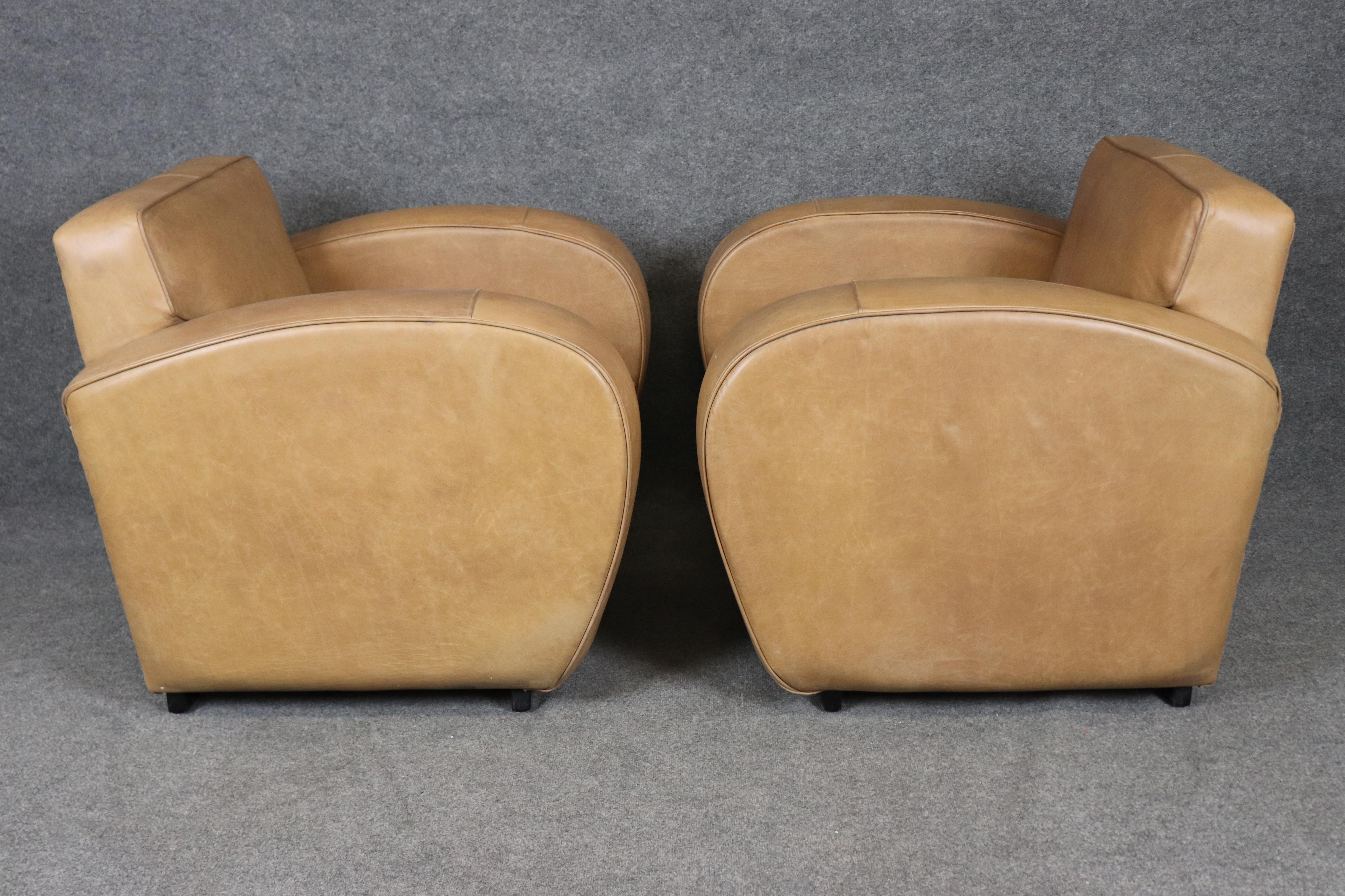 Pair of Restored French Art Deco Speed Club Chairs in Distressed Tan Leather In Good Condition For Sale In Swedesboro, NJ