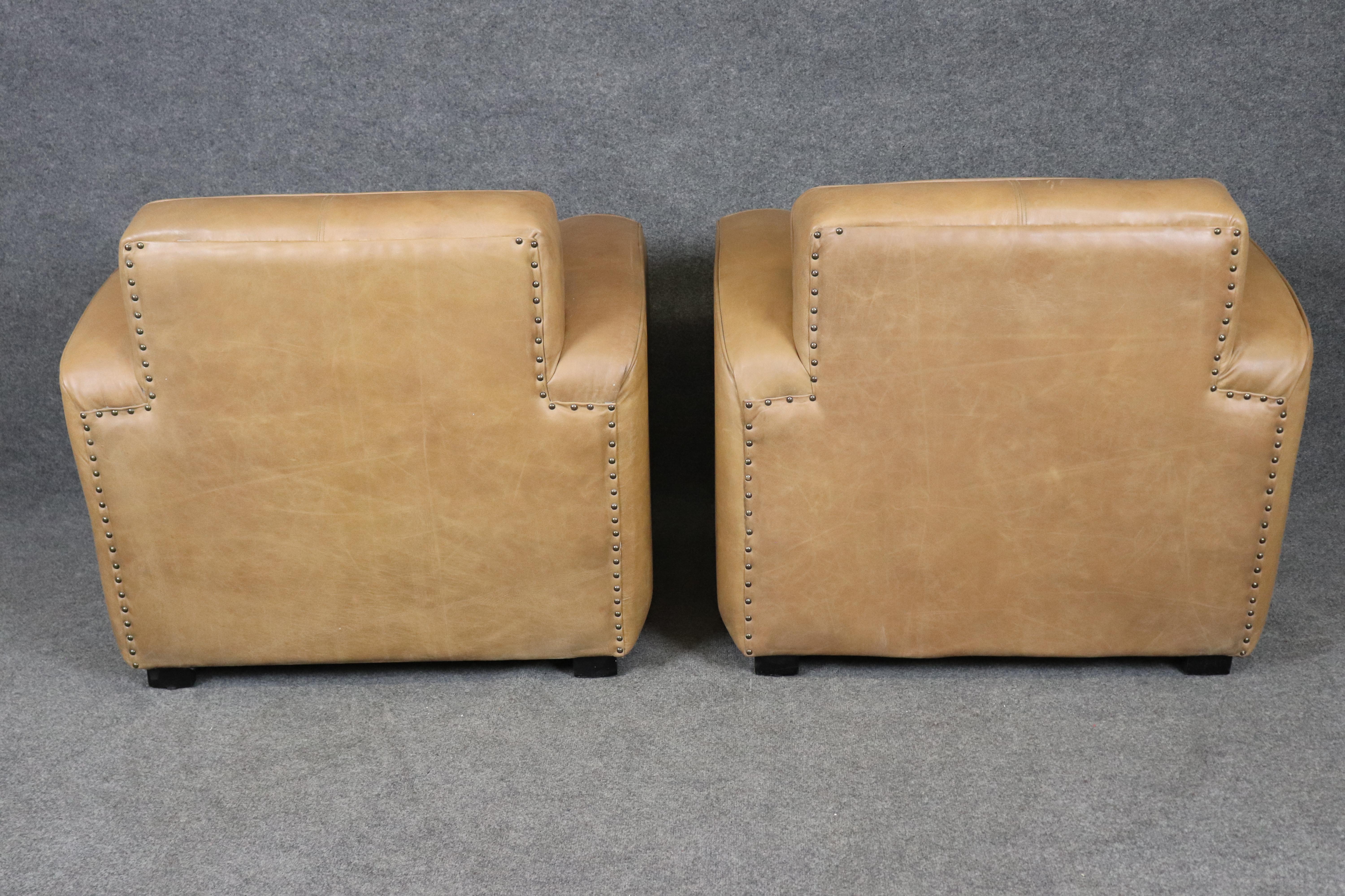 Mid-20th Century Pair of Restored French Art Deco Speed Club Chairs in Distressed Tan Leather For Sale