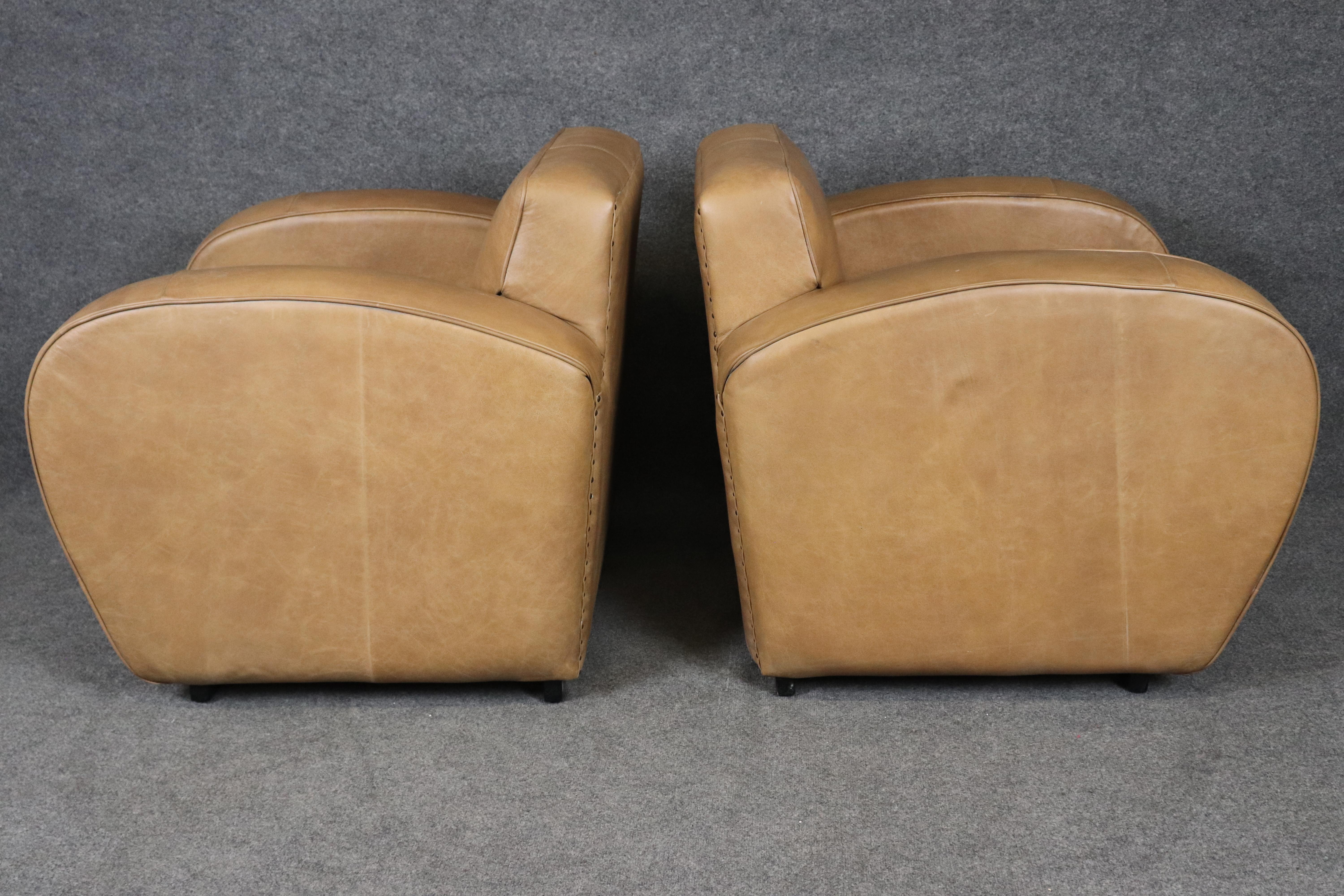 Pair of Restored French Art Deco Speed Club Chairs in Distressed Tan Leather For Sale 1