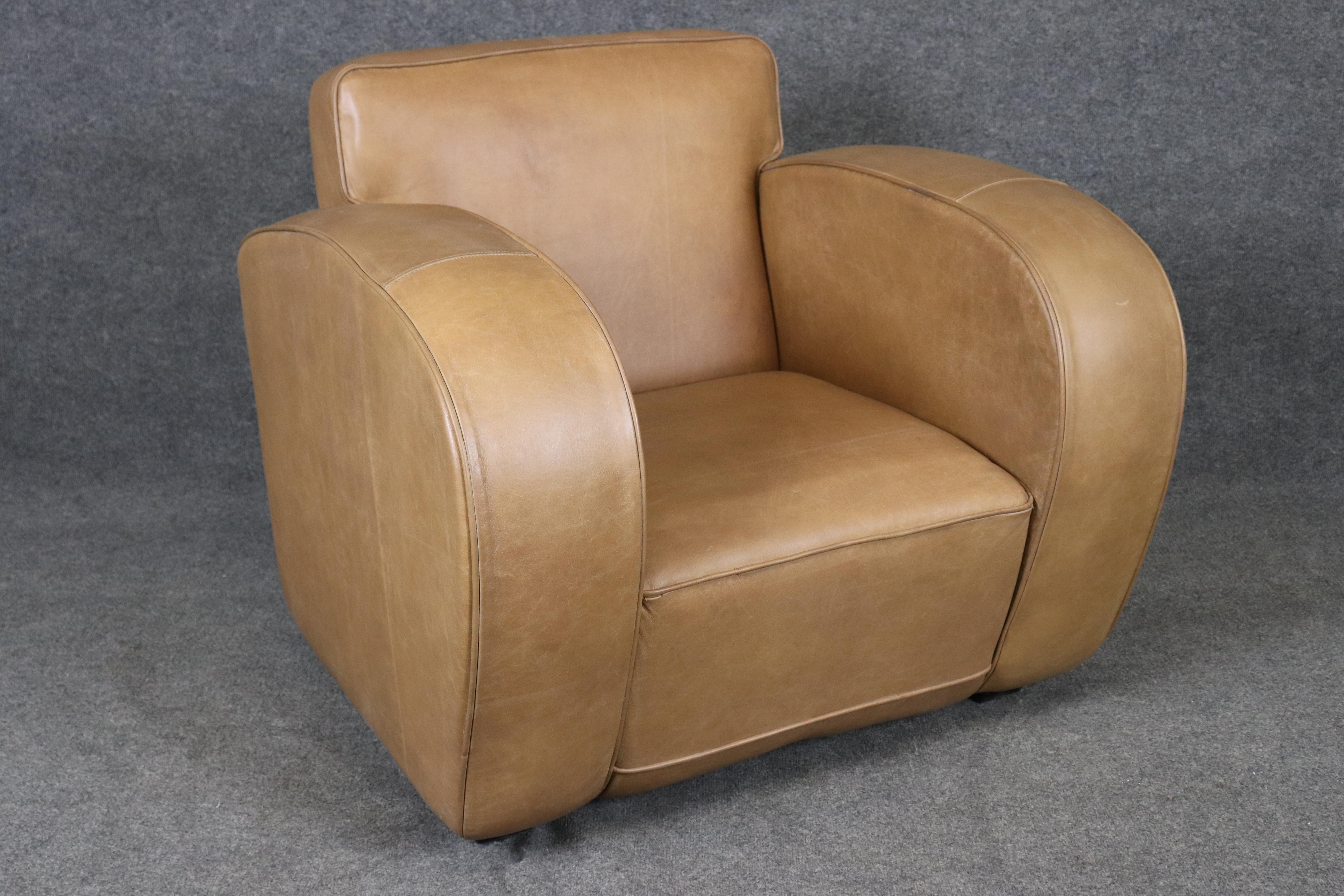 Pair of Restored French Art Deco Speed Club Chairs in Distressed Tan Leather For Sale 2