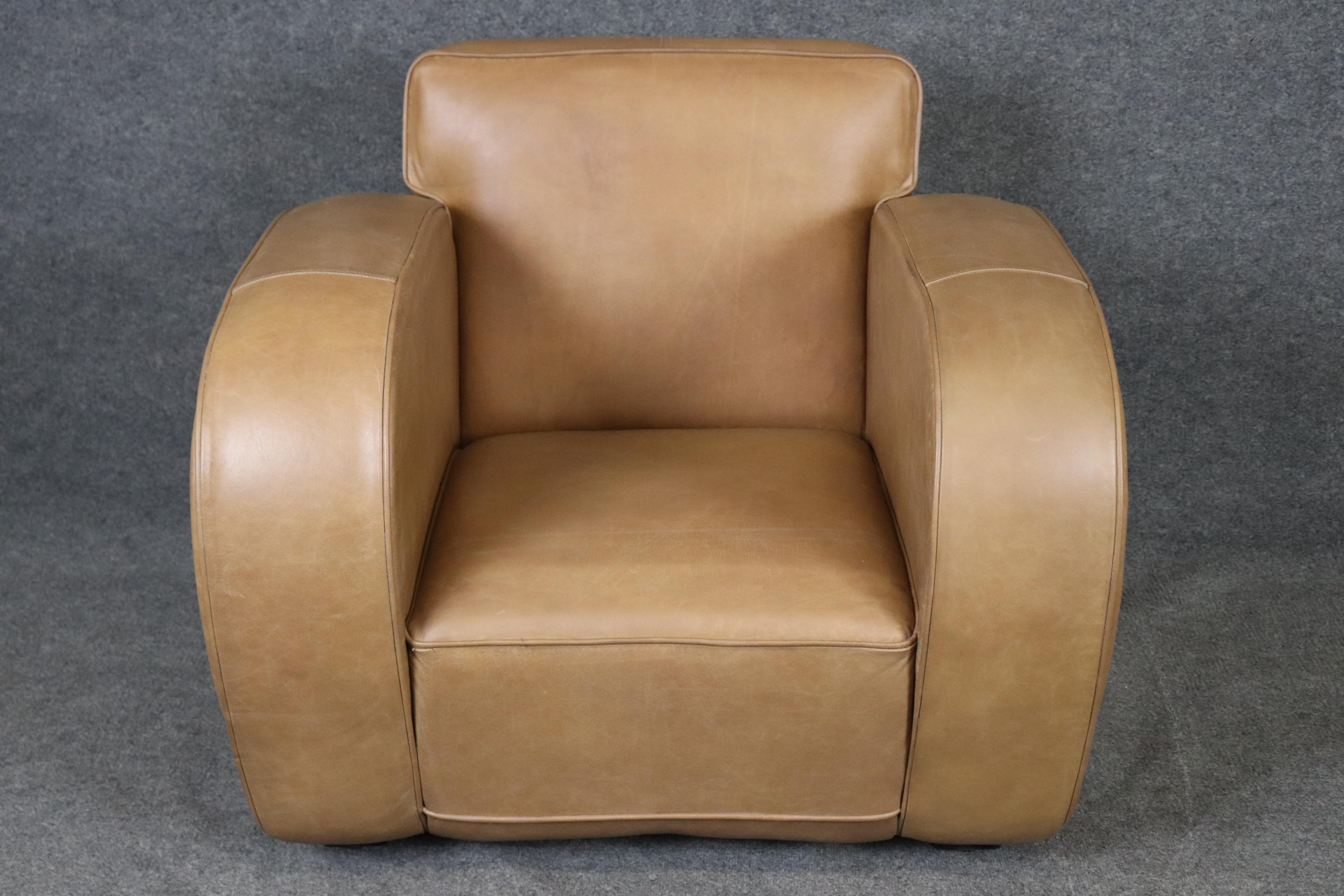 Pair of Restored French Art Deco Speed Club Chairs in Distressed Tan Leather For Sale 3