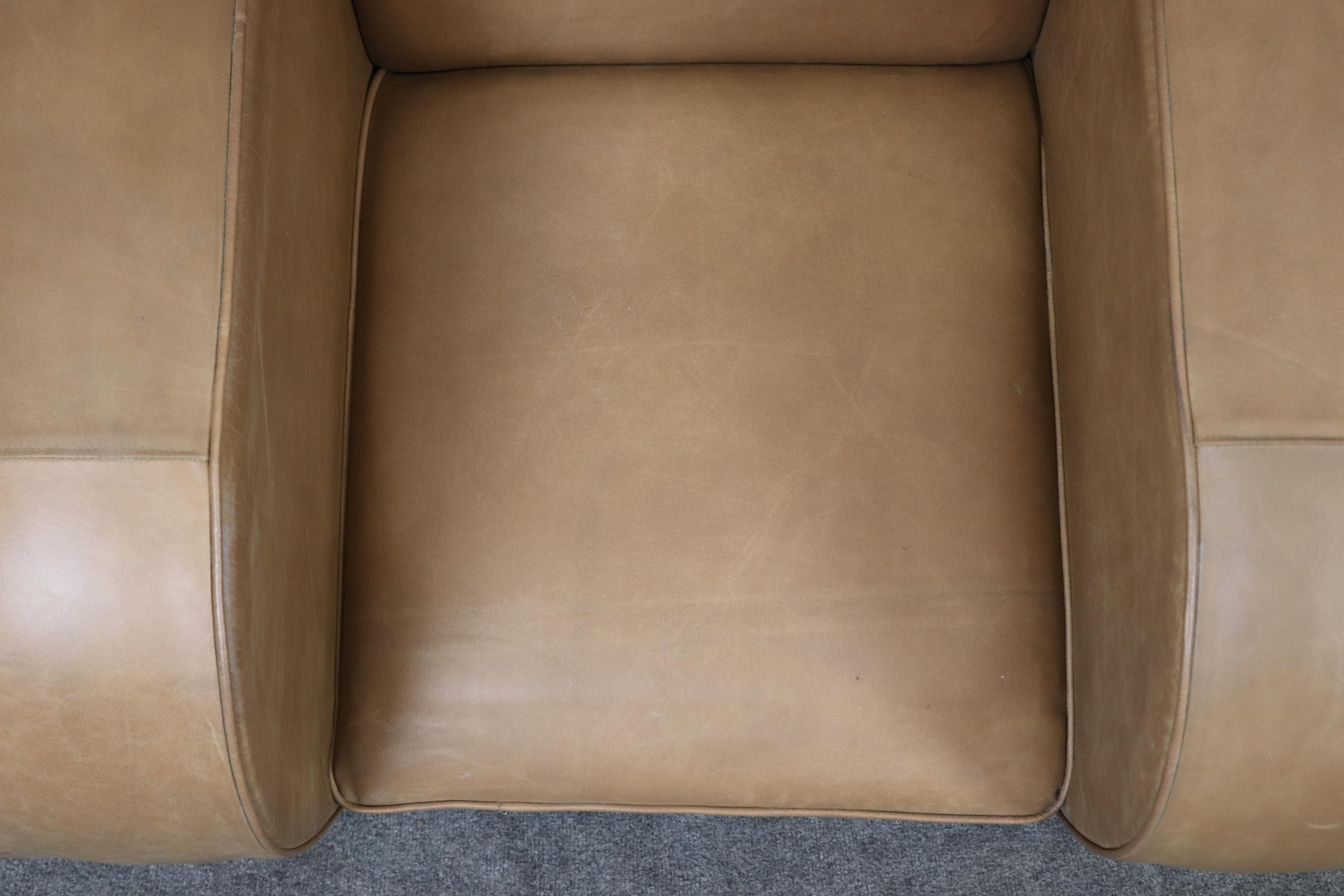 Pair of Restored French Art Deco Speed Club Chairs in Distressed Tan Leather For Sale 4