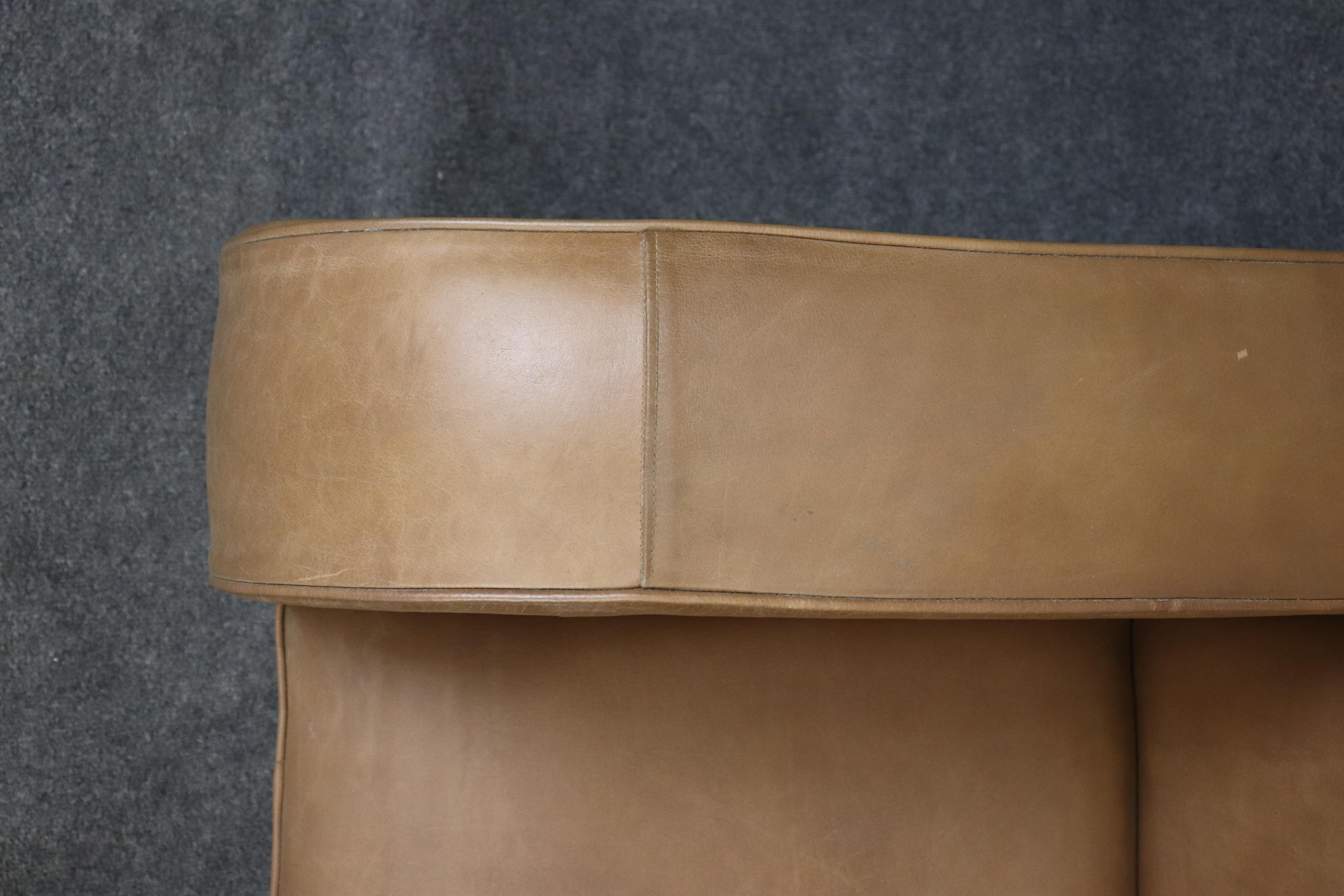 Pair of Restored French Art Deco Speed Club Chairs in Distressed Tan Leather For Sale 5