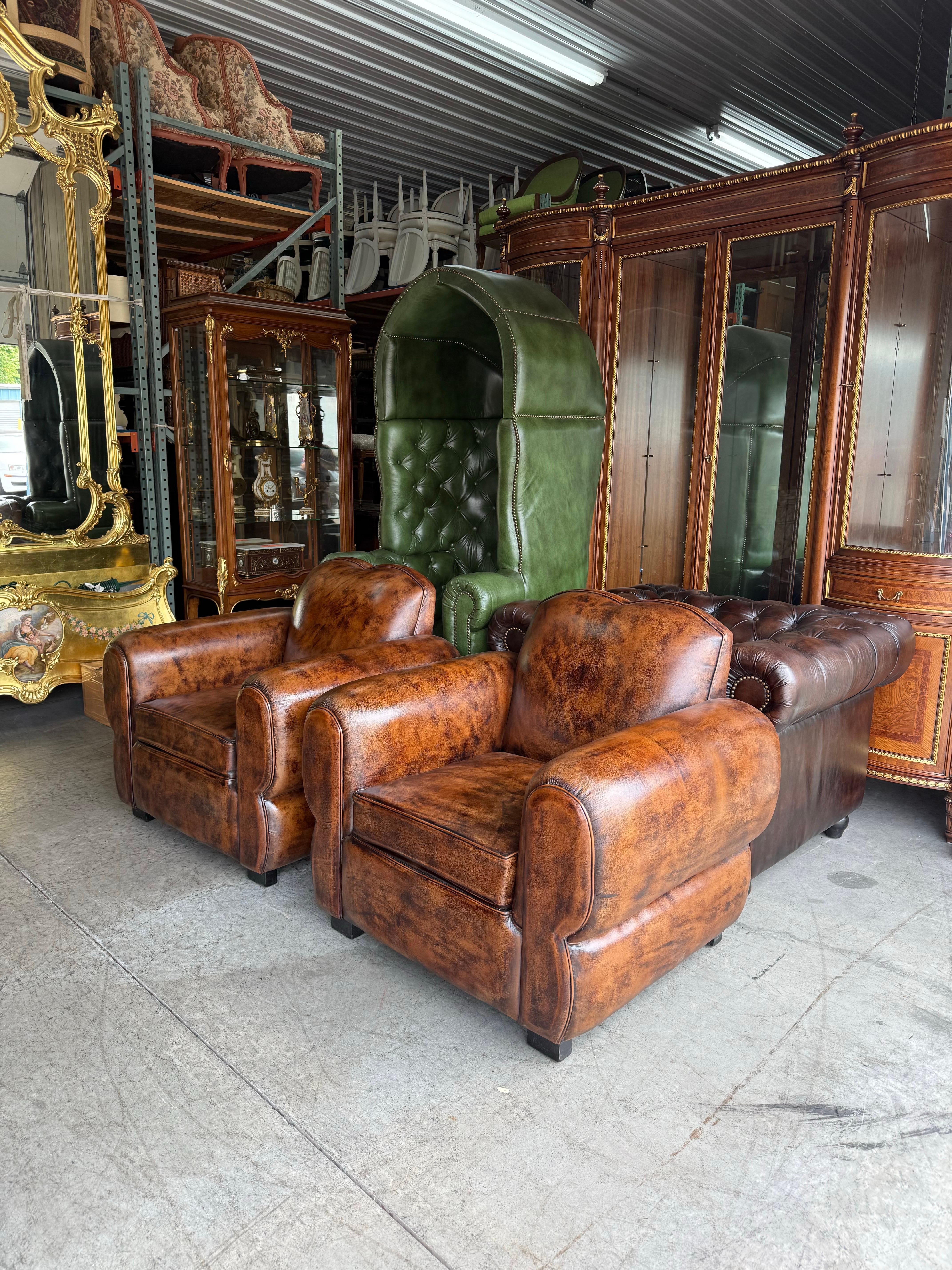 Pair of Restored French Leather Mustache Cigar Brown Art Deco Club Chairs For Sale 6