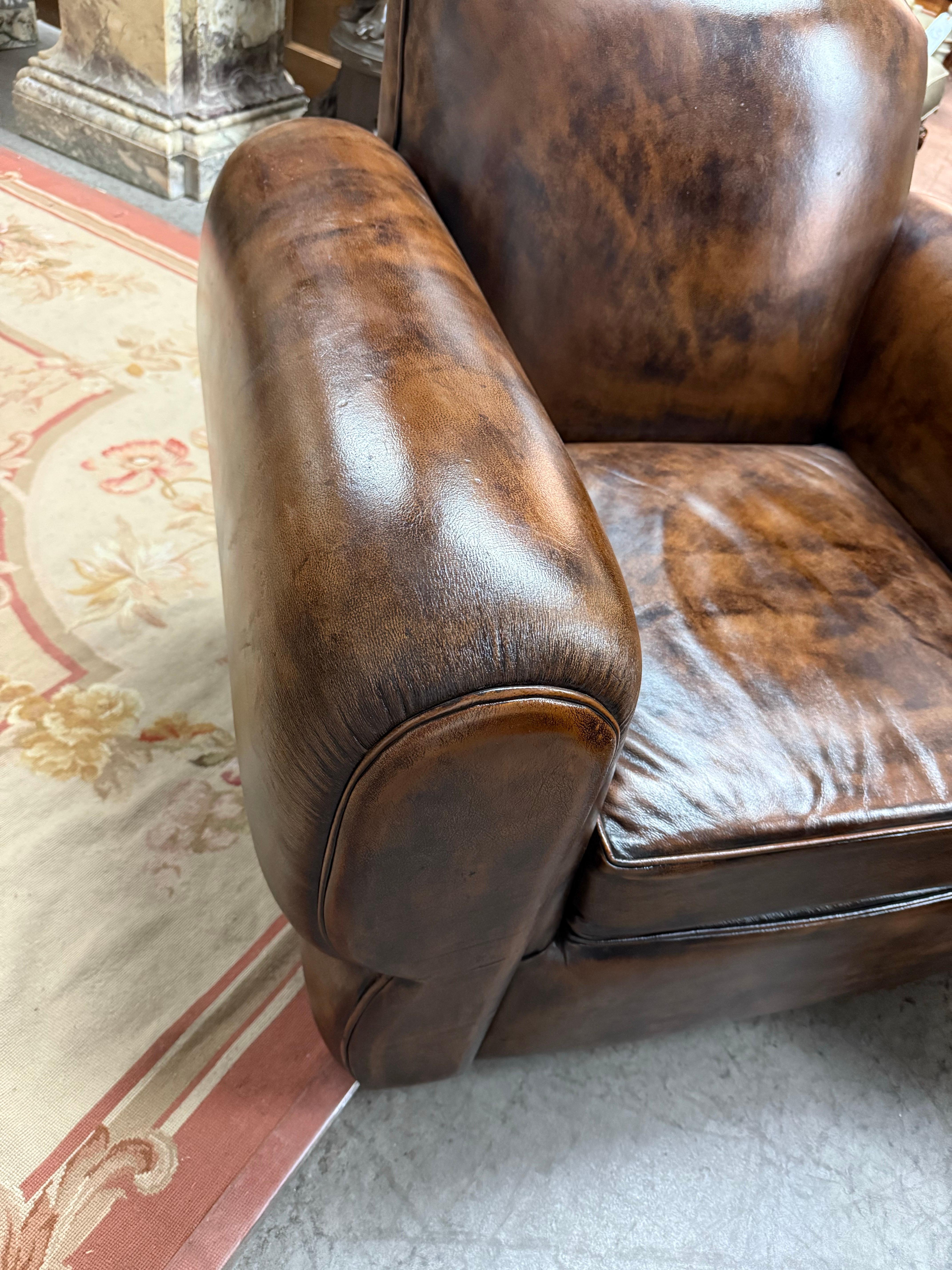 Pair of Restored French Leather Mustache Cigar Brown Art Deco Club Chairs For Sale 7