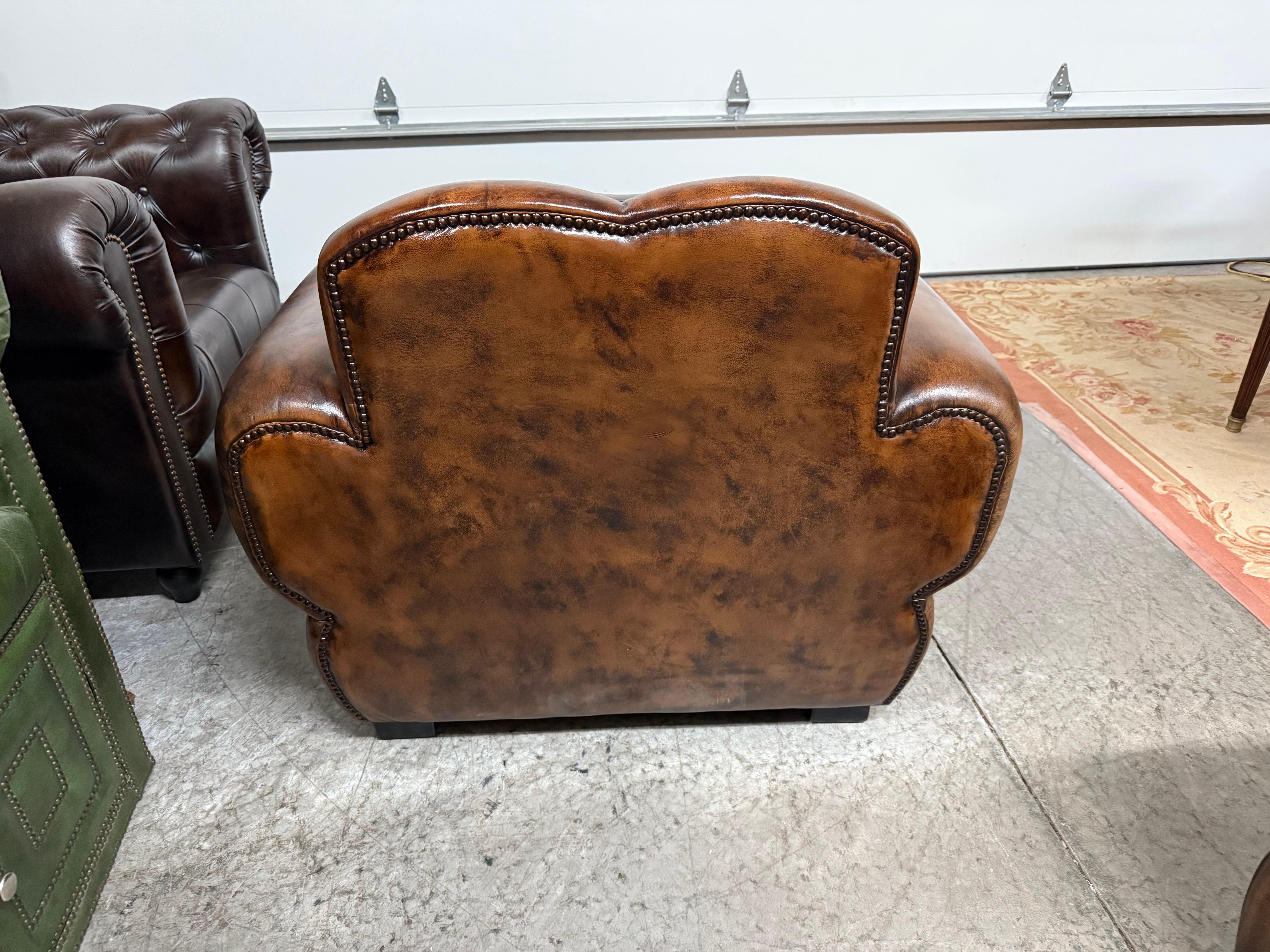 Pair of Restored French Leather Mustache Cigar Brown Art Deco Club Chairs For Sale 8