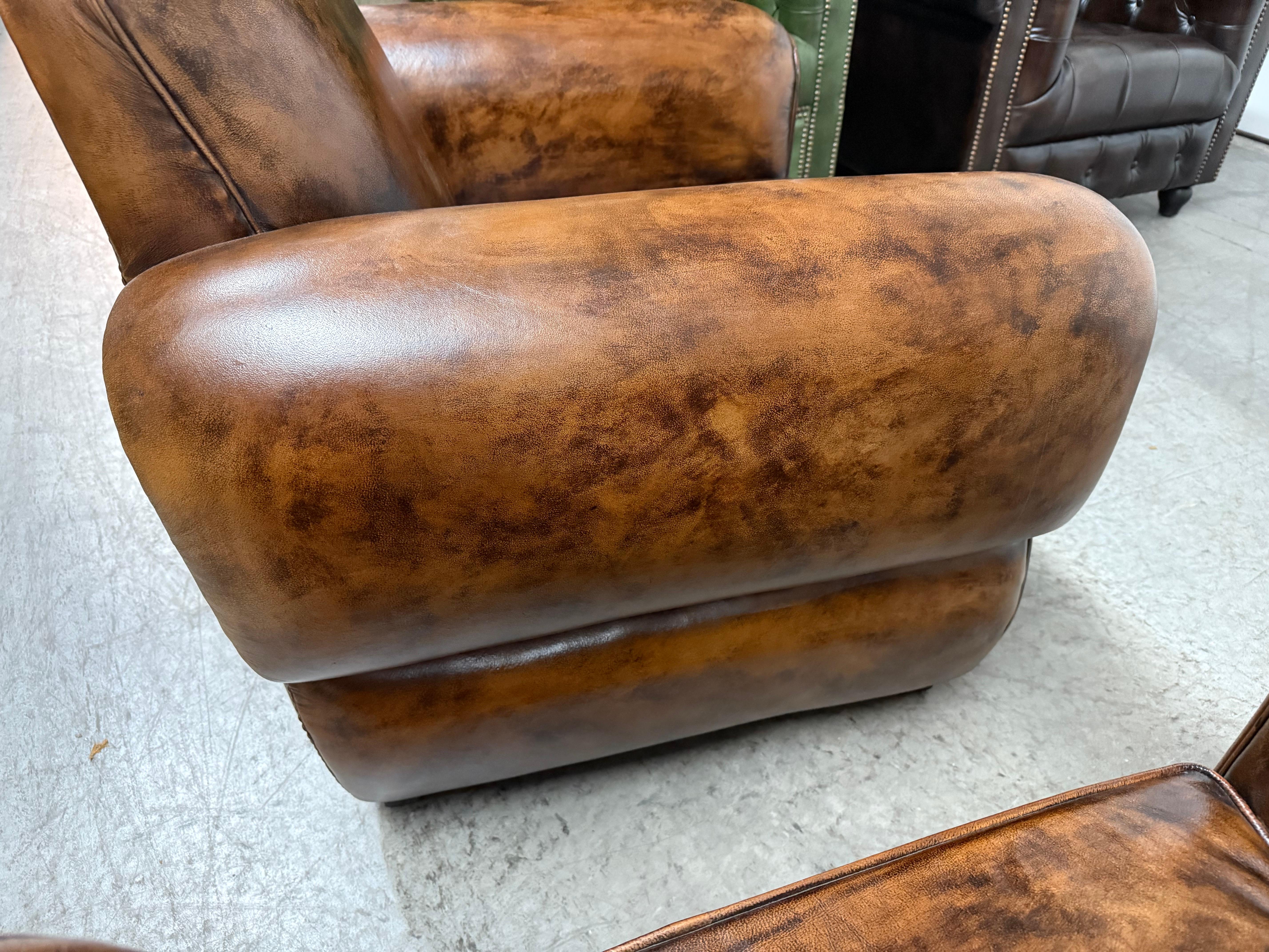 Pair of Restored French Leather Mustache Cigar Brown Art Deco Club Chairs For Sale 9
