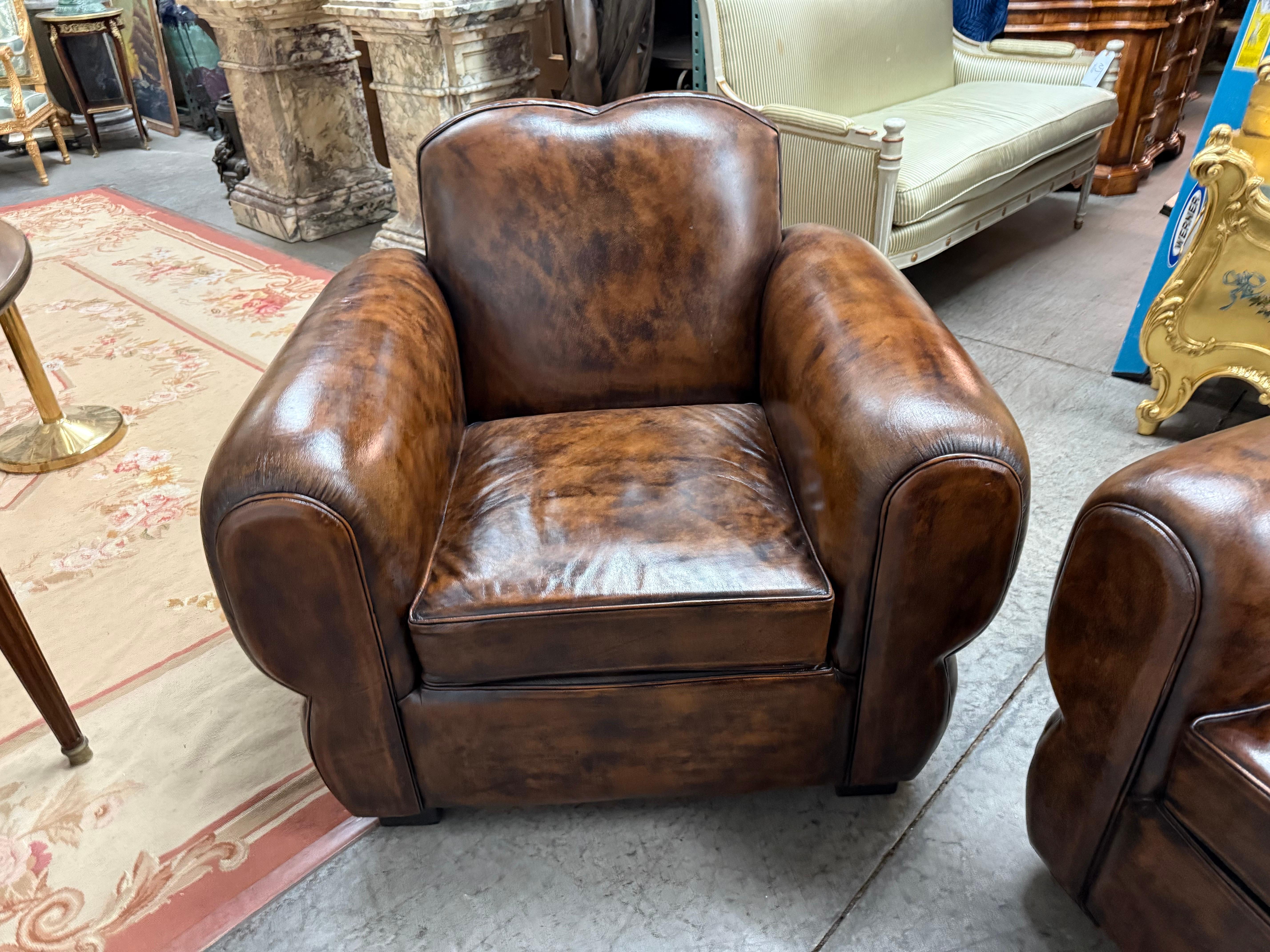 Pair of Restored French Leather Mustache Cigar Brown Art Deco Club Chairs For Sale 10