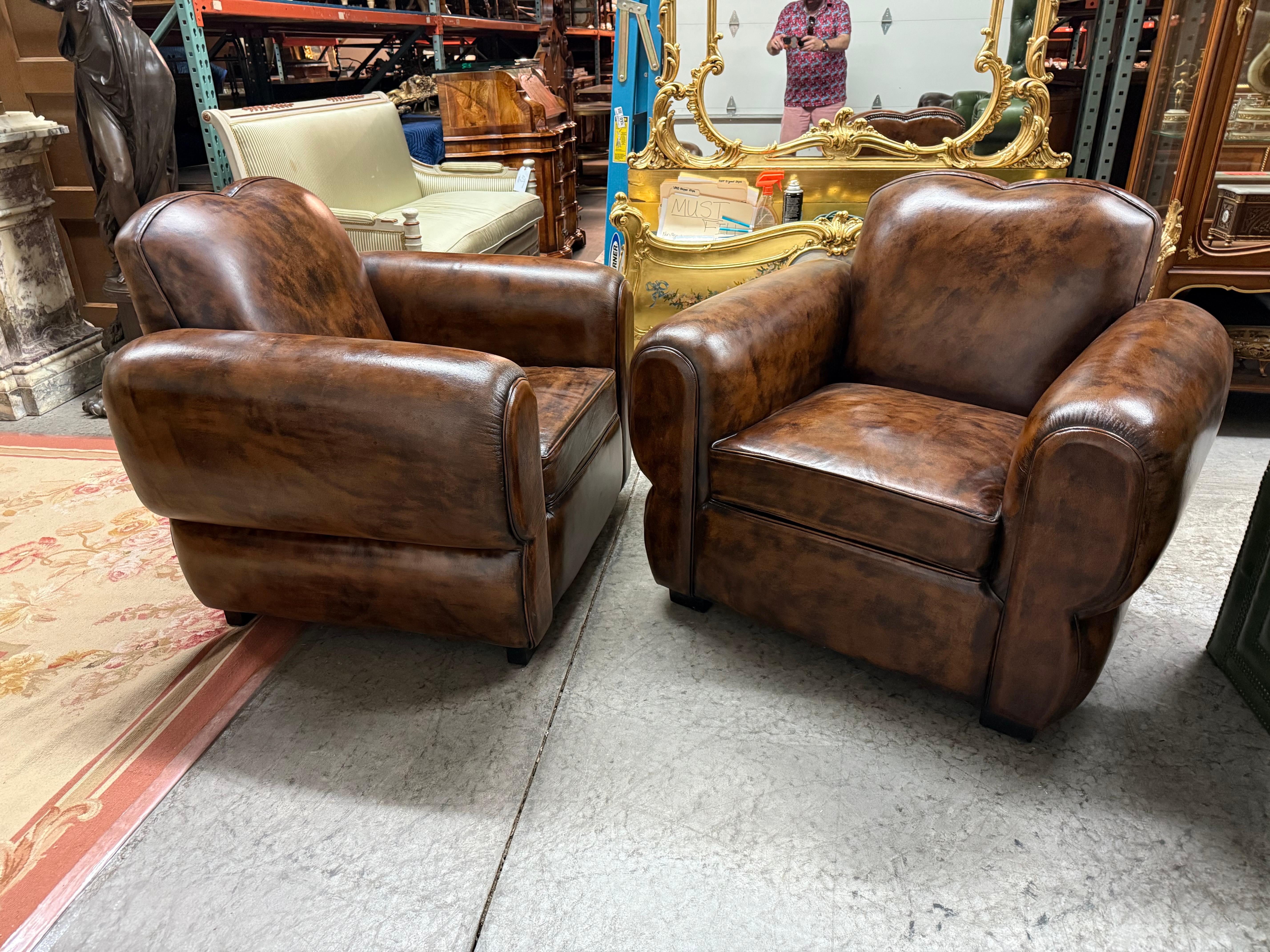 Pair of Restored French Leather Mustache Cigar Brown Art Deco Club Chairs For Sale 11
