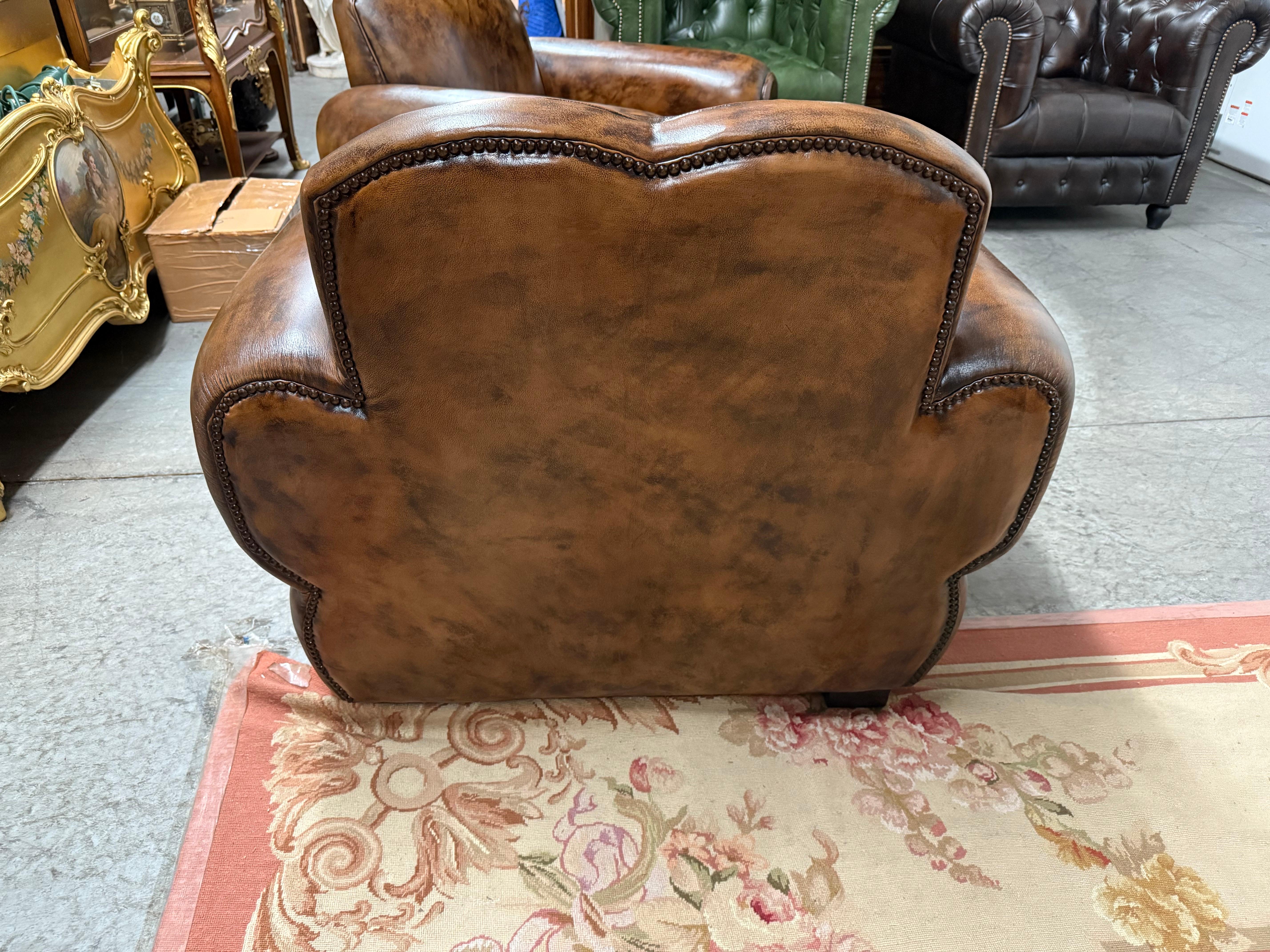 Pair of Restored French Leather Mustache Cigar Brown Art Deco Club Chairs For Sale 12