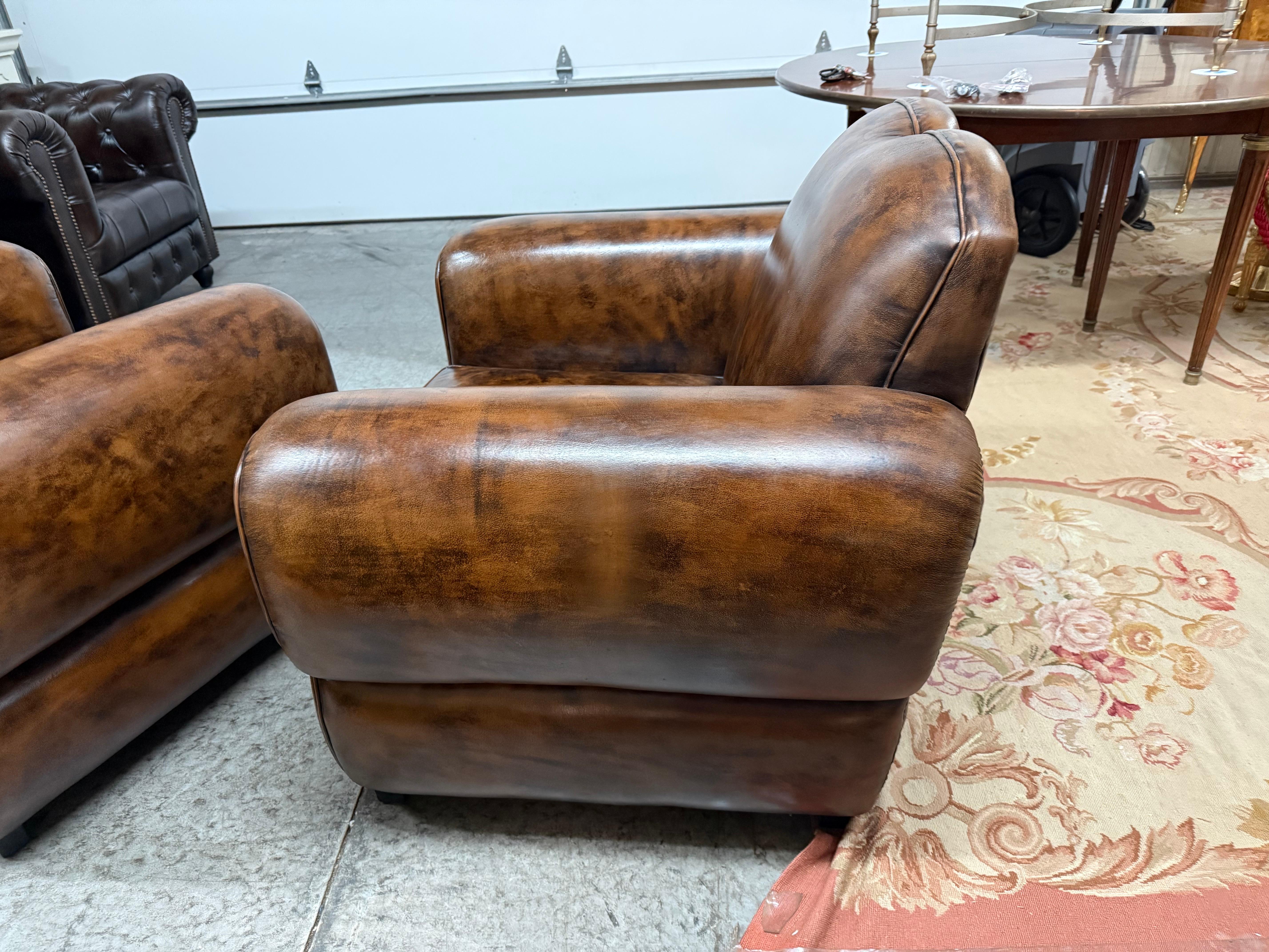 Pair of Restored French Leather Mustache Cigar Brown Art Deco Club Chairs For Sale 13
