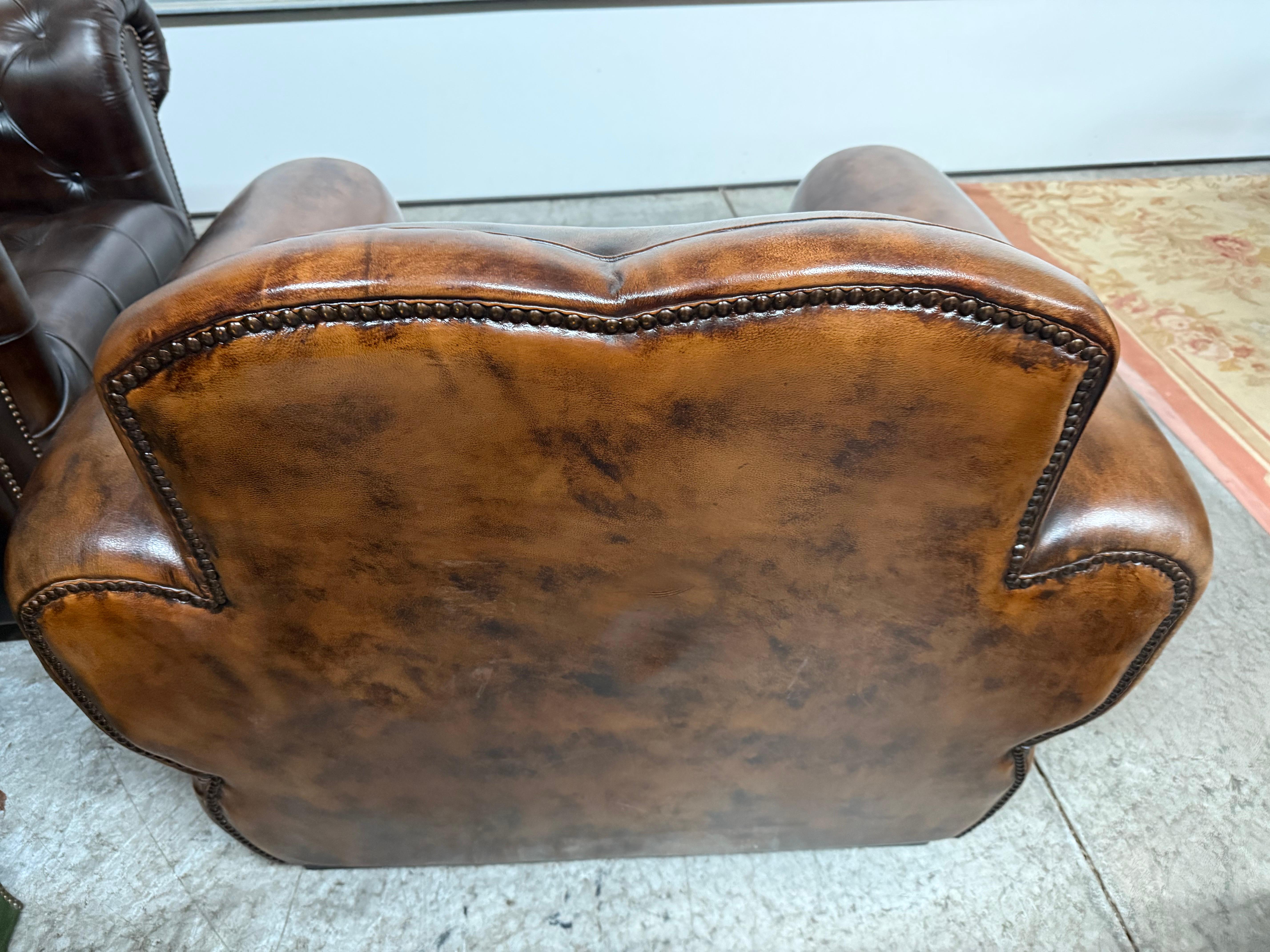Pair of Restored French Leather Mustache Cigar Brown Art Deco Club Chairs For Sale 14