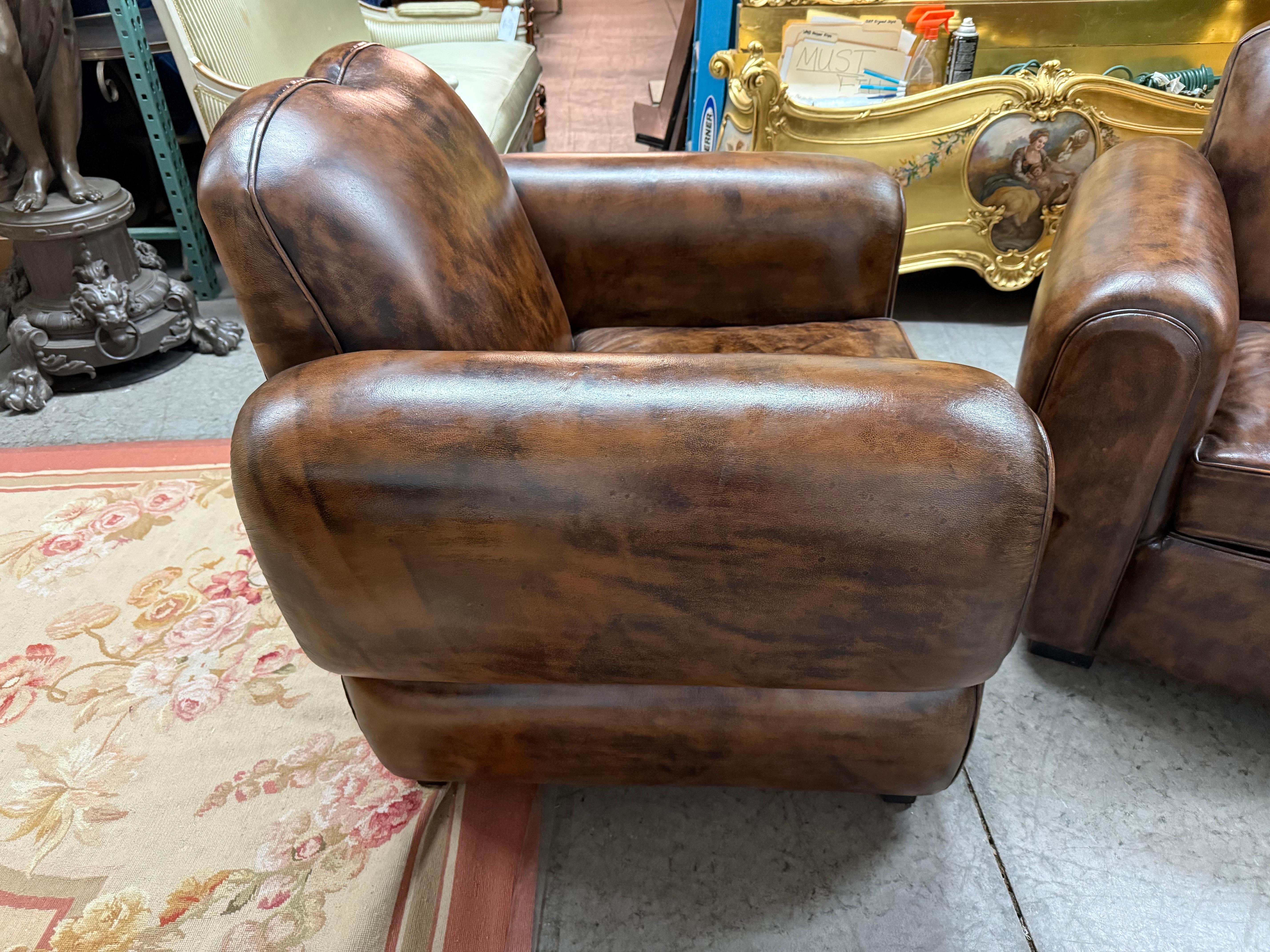 Pair of Restored French Leather Mustache Cigar Brown Art Deco Club Chairs In Good Condition For Sale In Swedesboro, NJ