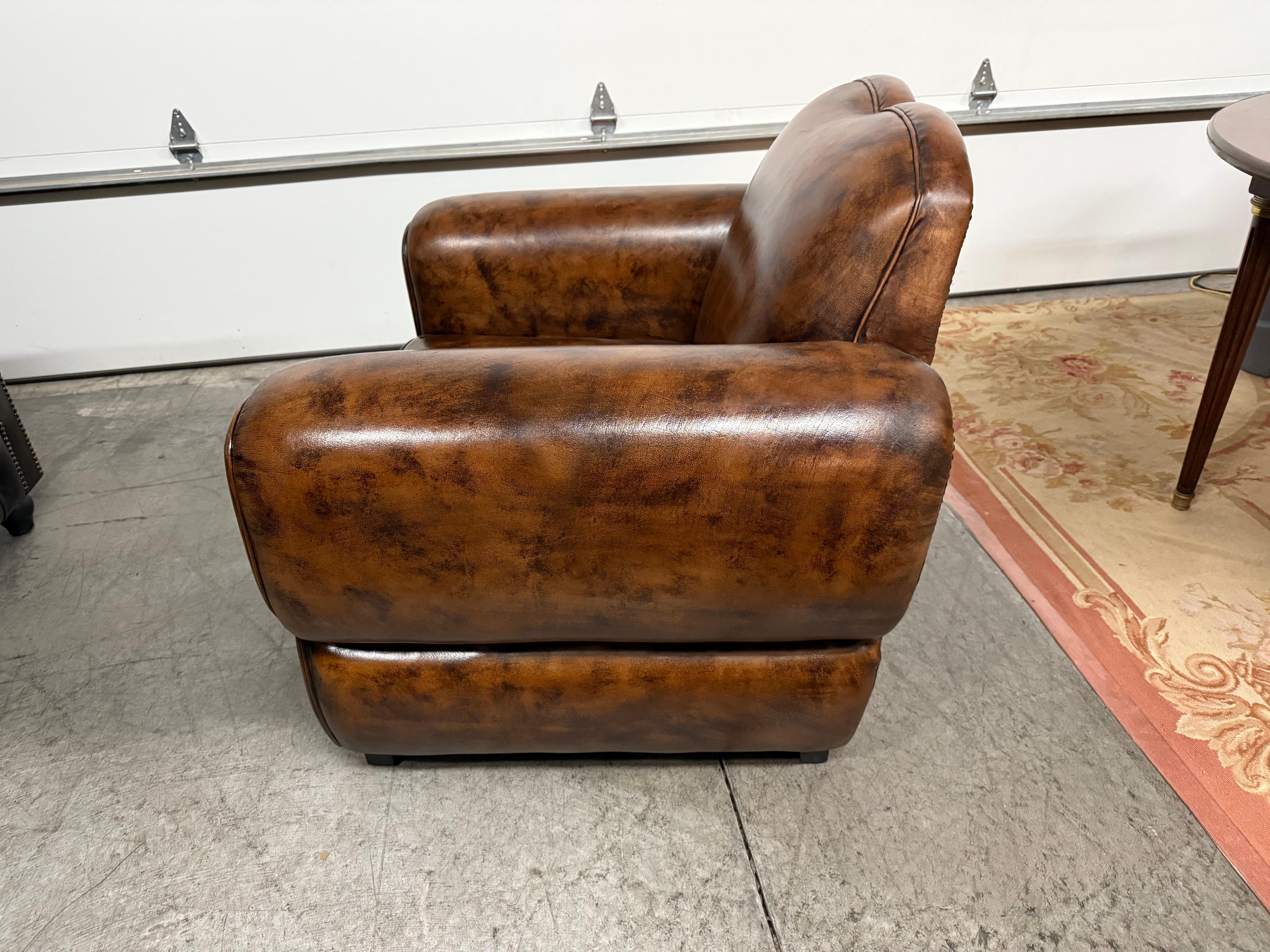 Mid-20th Century Pair of Restored French Leather Mustache Cigar Brown Art Deco Club Chairs For Sale