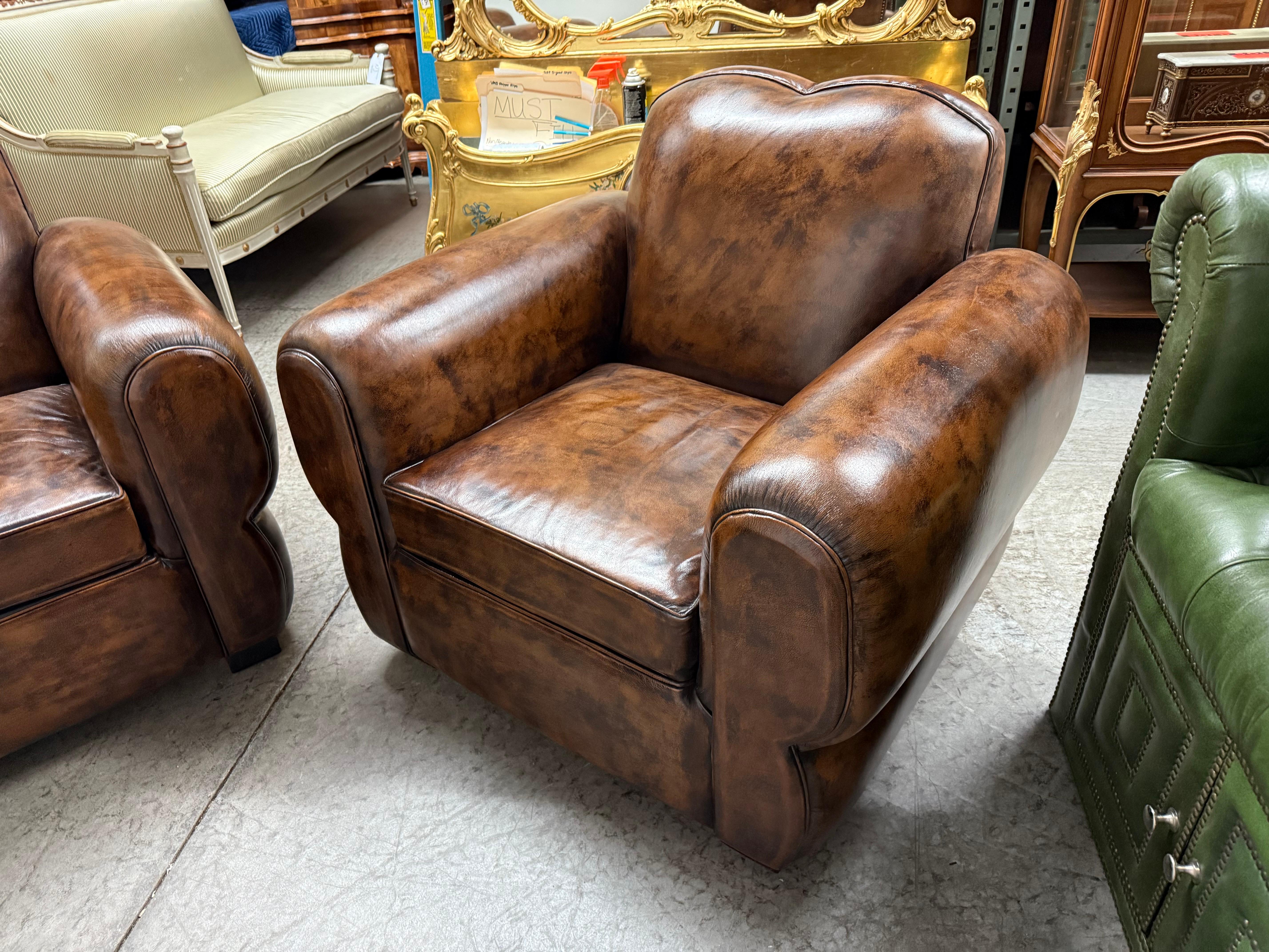 Pair of Restored French Leather Mustache Cigar Brown Art Deco Club Chairs For Sale 1