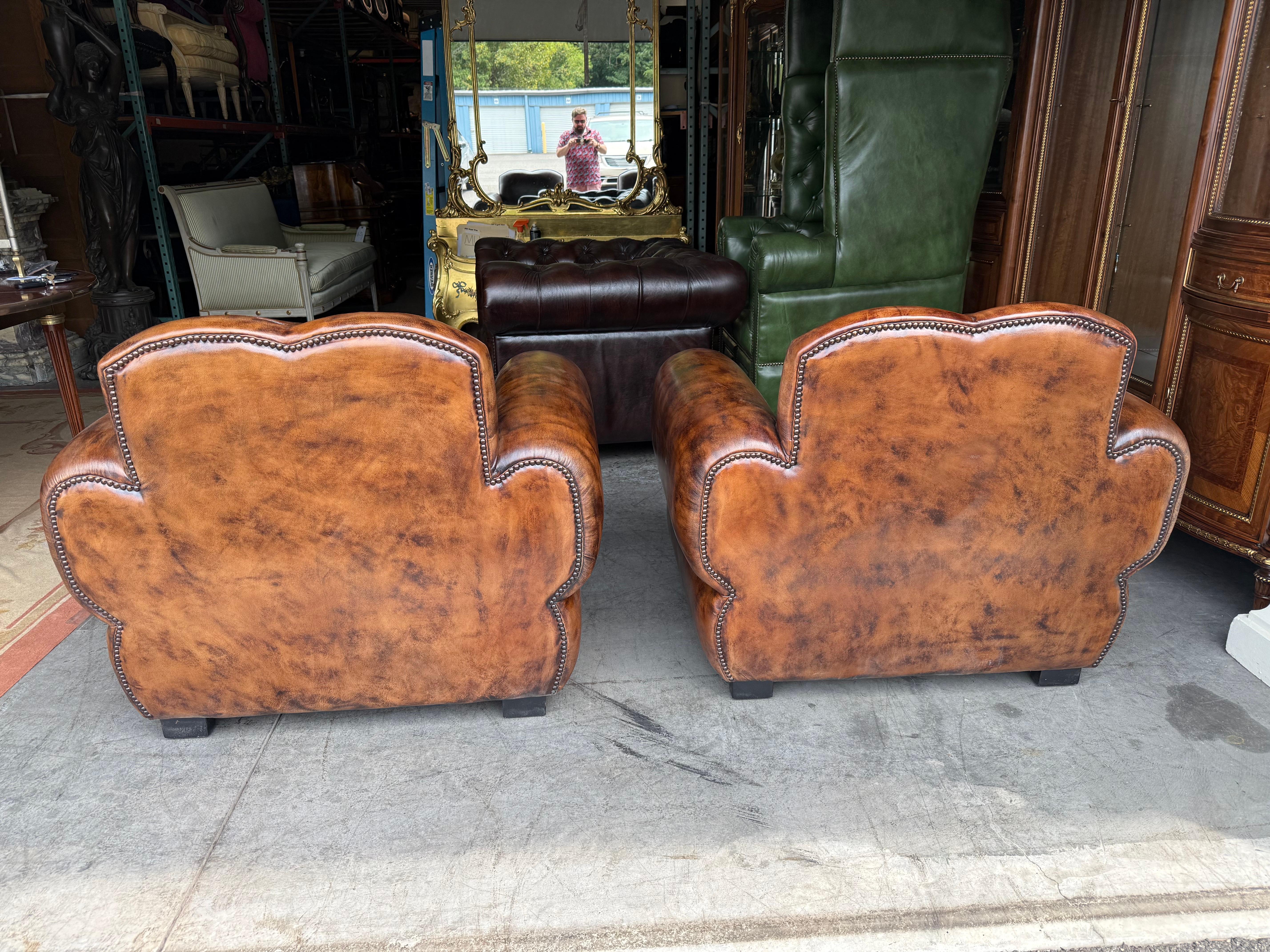 Pair of Restored French Leather Mustache Cigar Brown Art Deco Club Chairs For Sale 2