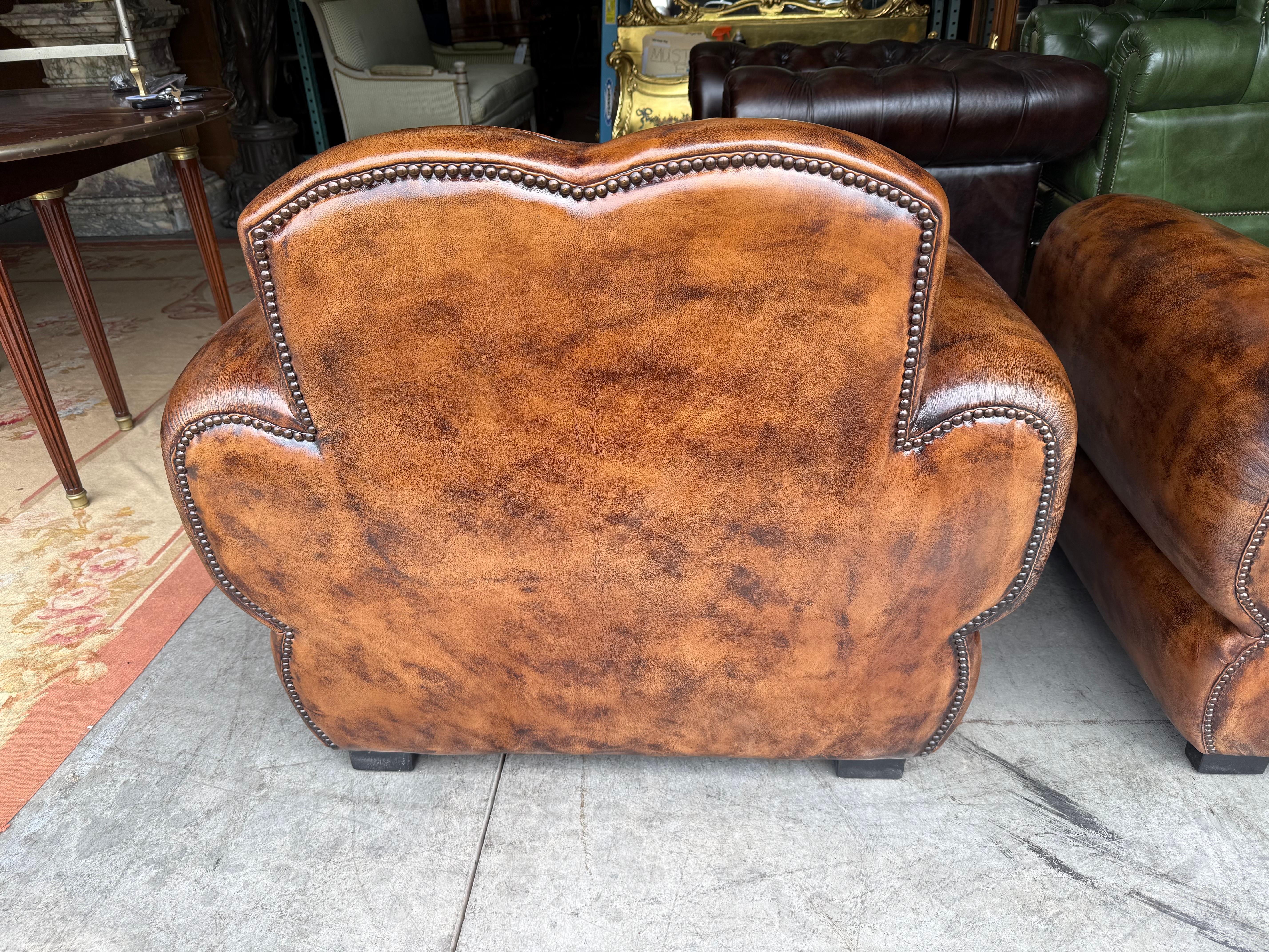 Pair of Restored French Leather Mustache Cigar Brown Art Deco Club Chairs For Sale 3