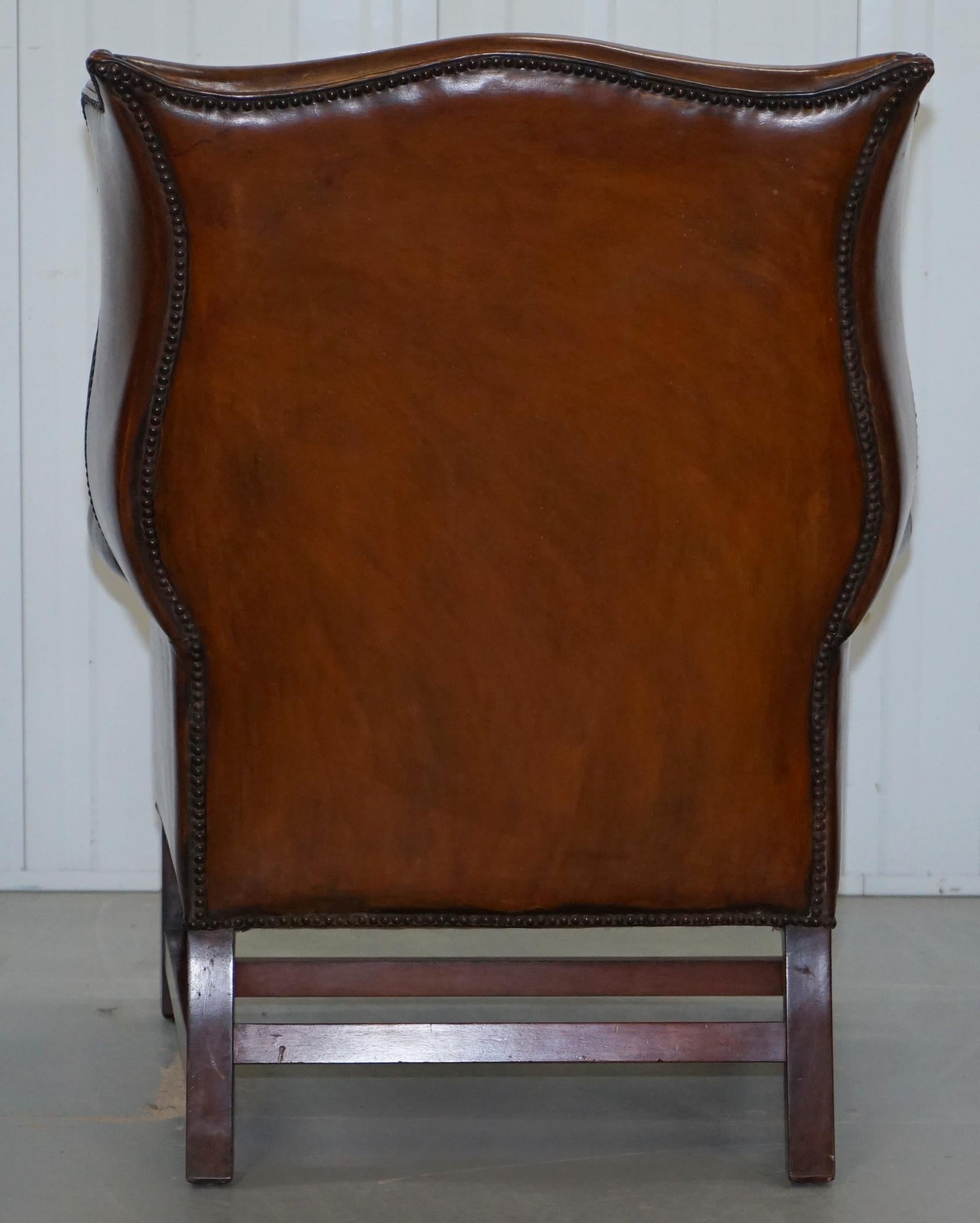 Pair of Restored Georgian Style Wingback Fireside Armchairs Whisky Brown Leather 5