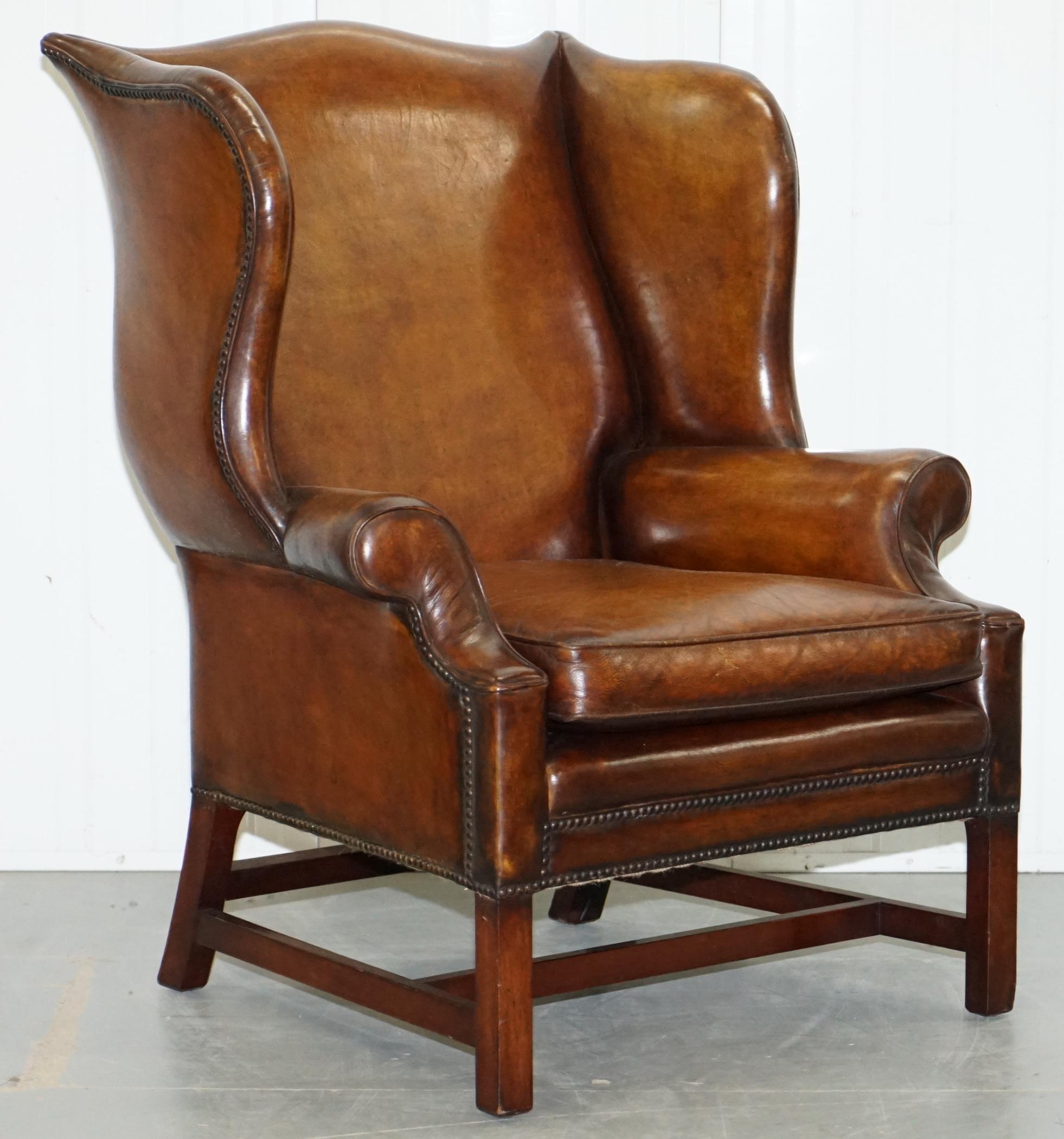 Pair of Restored Georgian Style Wingback Fireside Armchairs Whisky Brown Leather 7