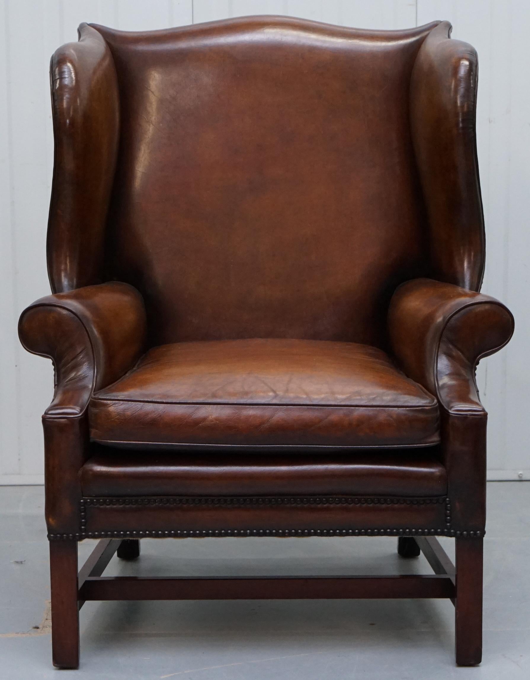 Pair of Restored Georgian Style Wingback Fireside Armchairs Whisky Brown Leather 8