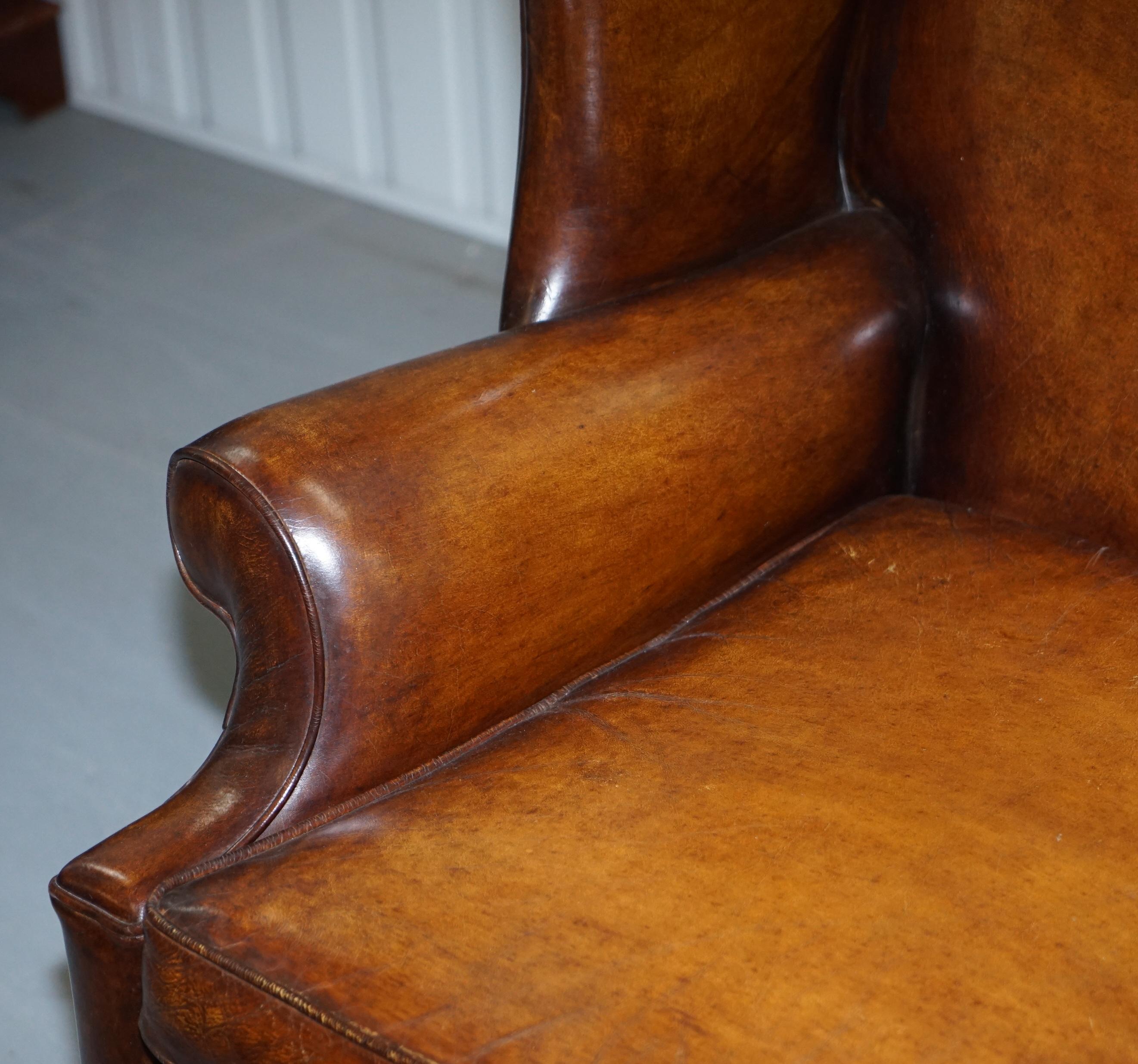 Pair of Restored Georgian Style Wingback Fireside Armchairs Whisky Brown Leather 9