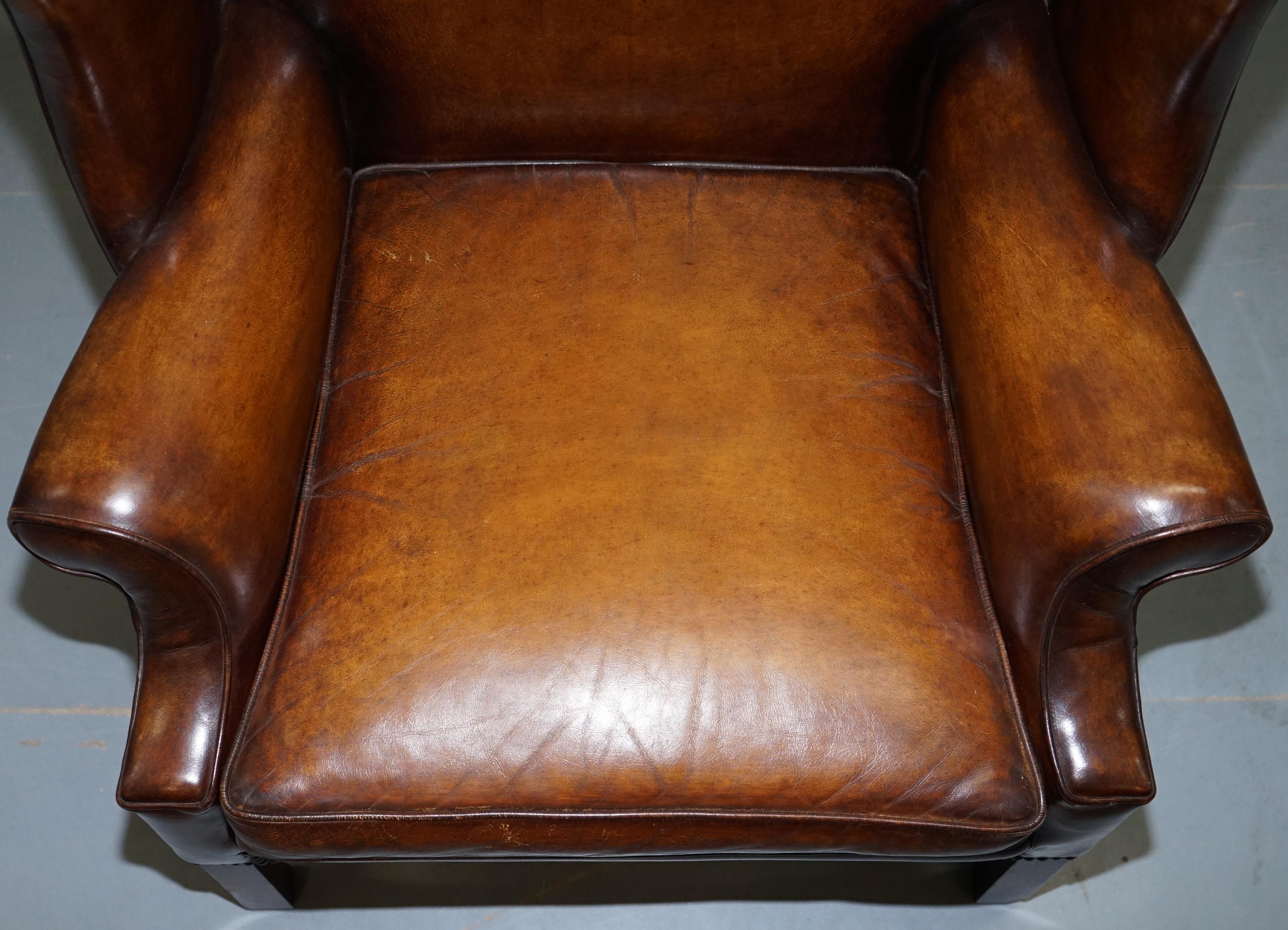 Pair of Restored Georgian Style Wingback Fireside Armchairs Whisky Brown Leather 10