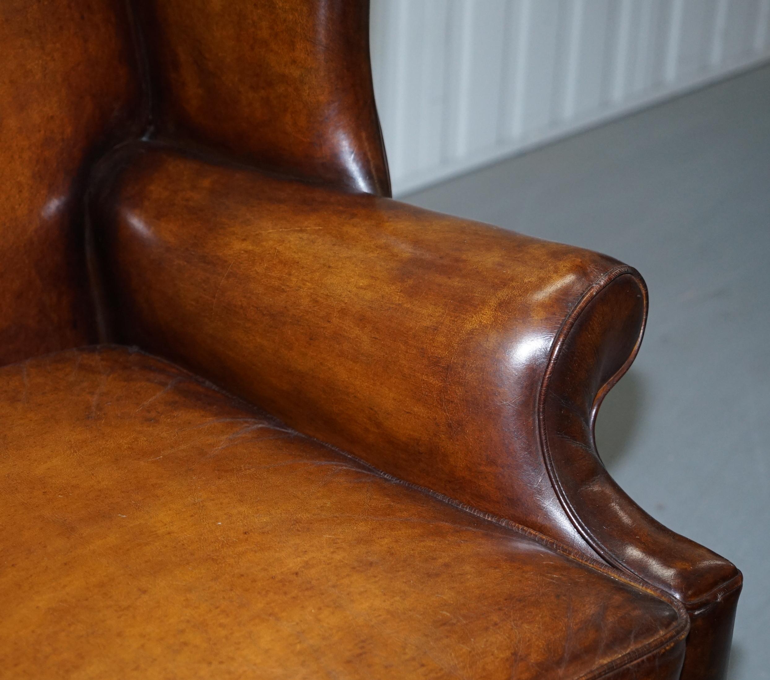 Pair of Restored Georgian Style Wingback Fireside Armchairs Whisky Brown Leather 12