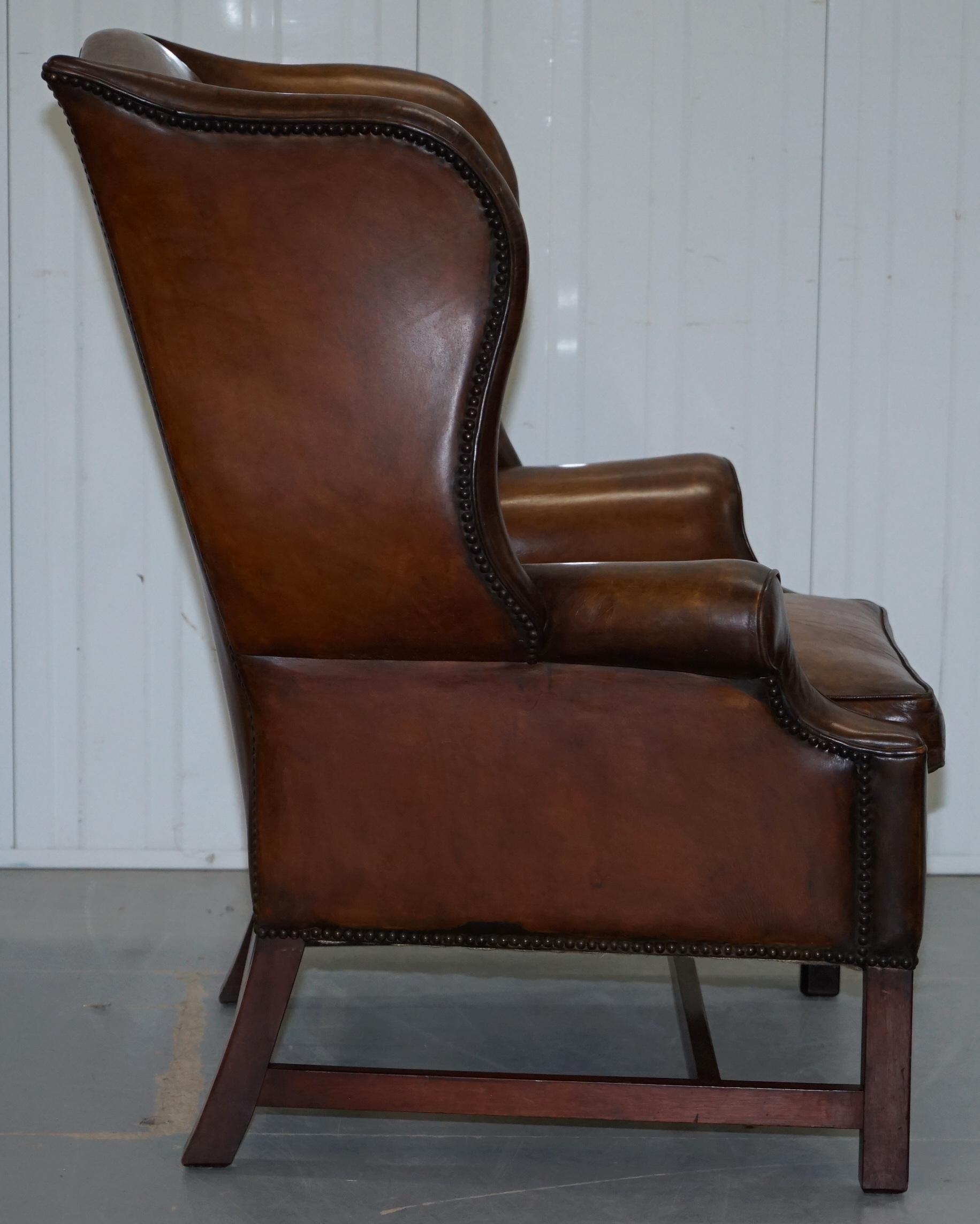 Pair of Restored Georgian Style Wingback Fireside Armchairs Whisky Brown Leather 13