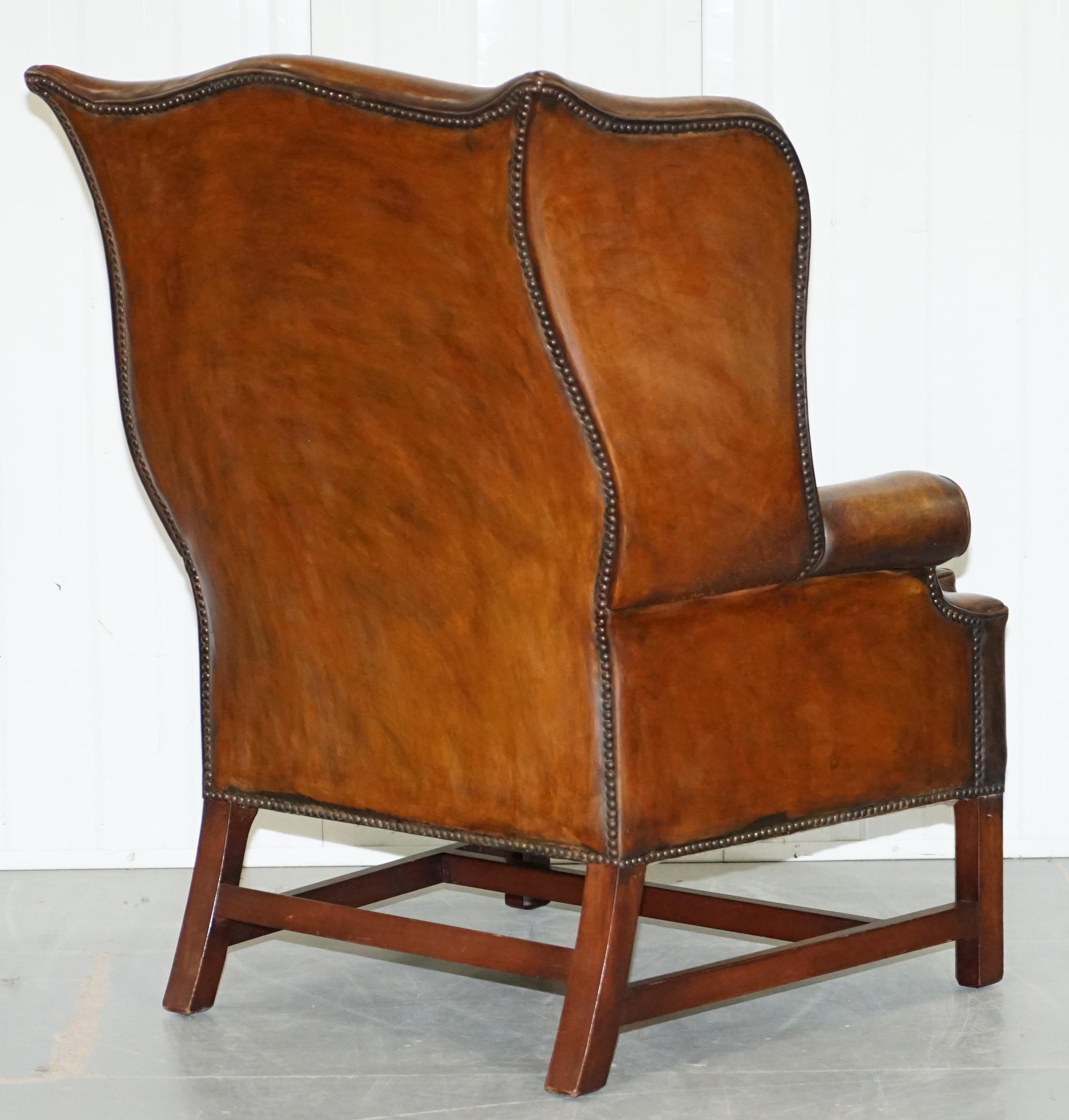 Pair of Restored Georgian Style Wingback Fireside Armchairs Whisky Brown Leather 14