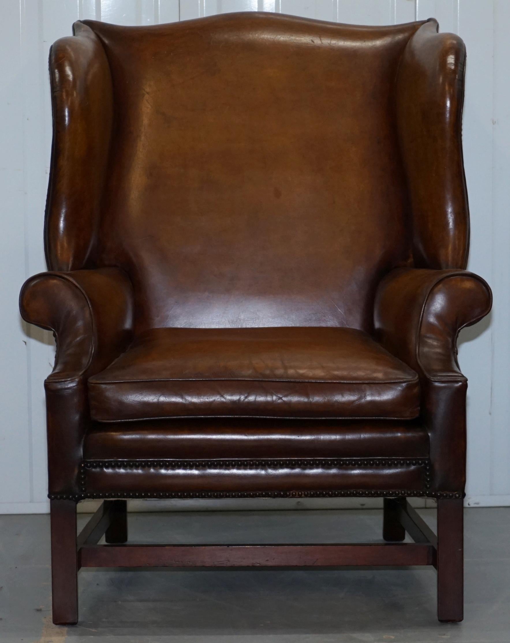 English Pair of Restored Georgian Style Wingback Fireside Armchairs Whisky Brown Leather