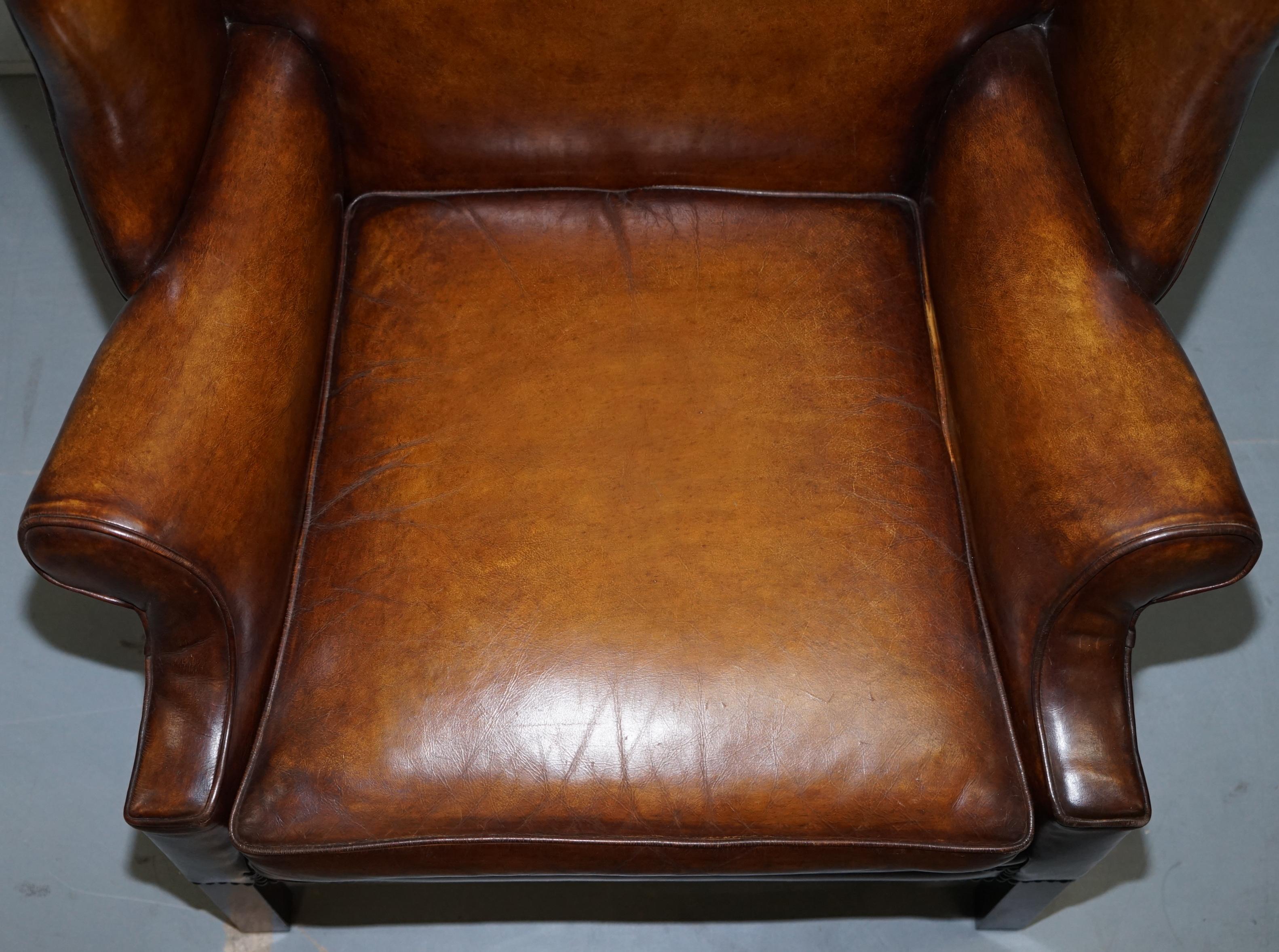 Hand-Crafted Pair of Restored Georgian Style Wingback Fireside Armchairs Whisky Brown Leather