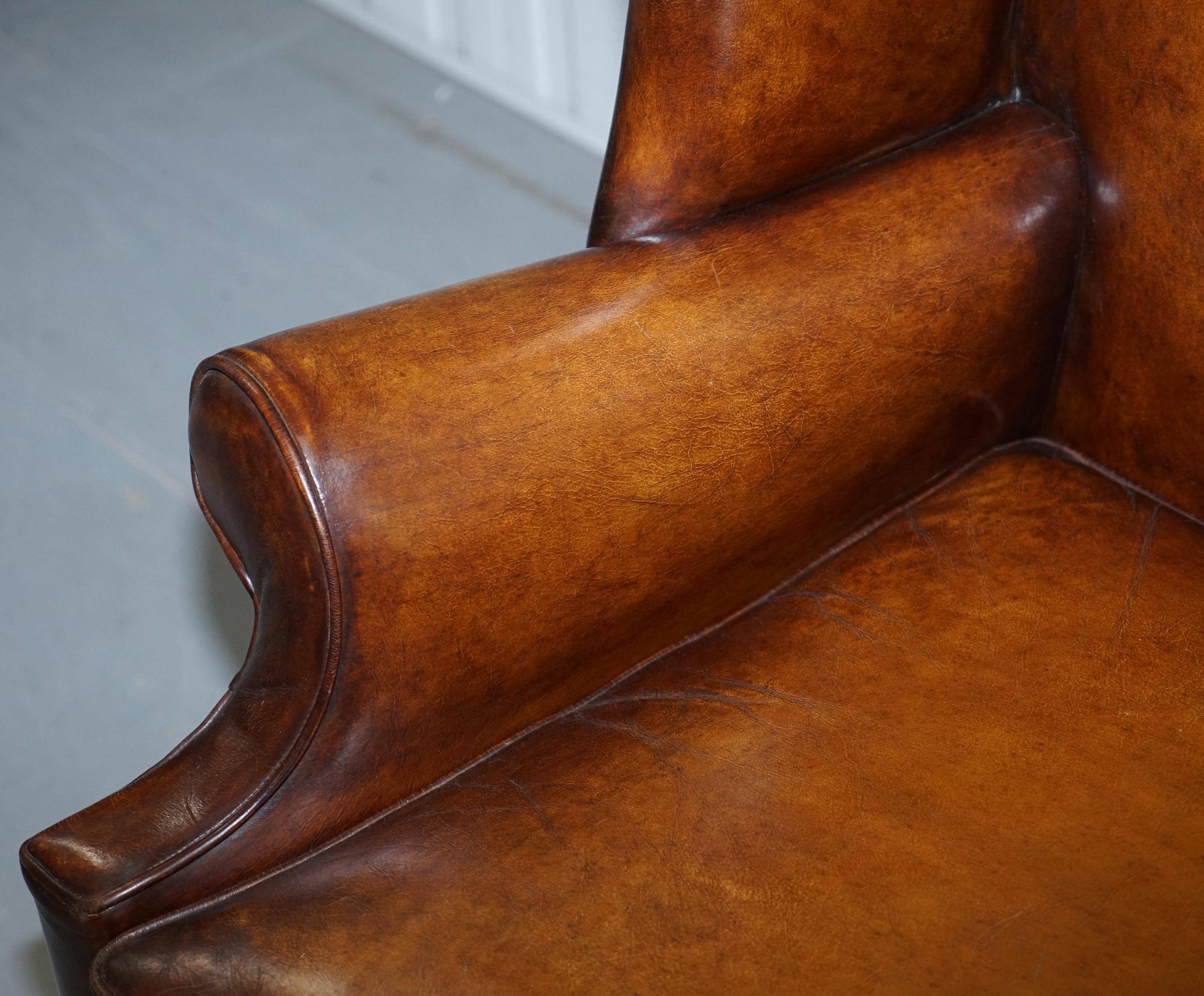 20th Century Pair of Restored Georgian Style Wingback Fireside Armchairs Whisky Brown Leather