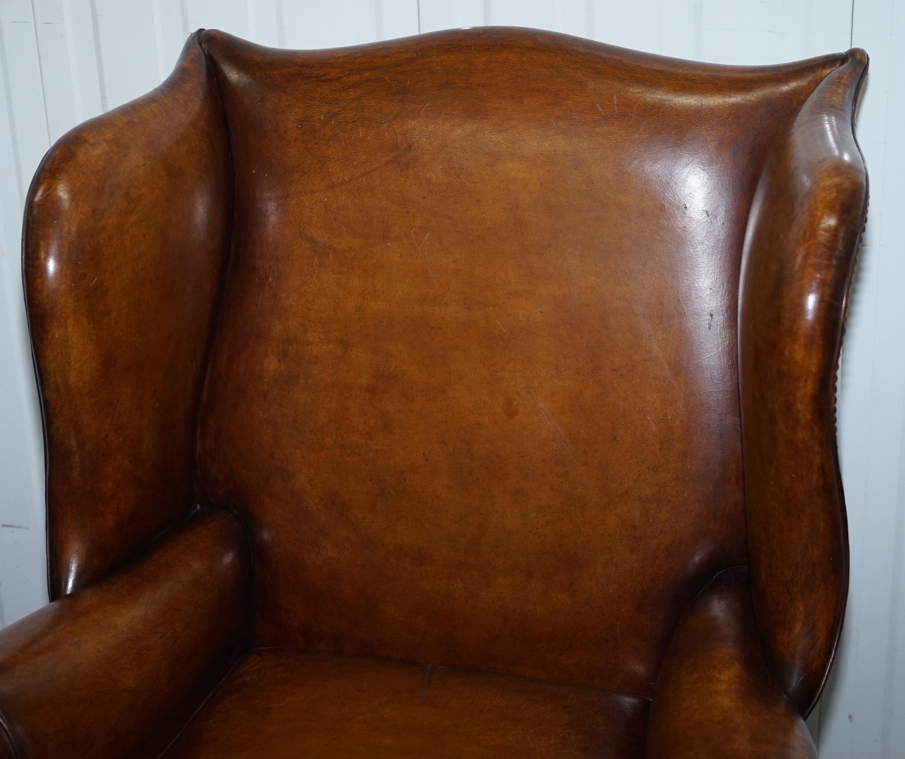 Pair of Restored Georgian Style Wingback Fireside Armchairs Whisky Brown Leather 1